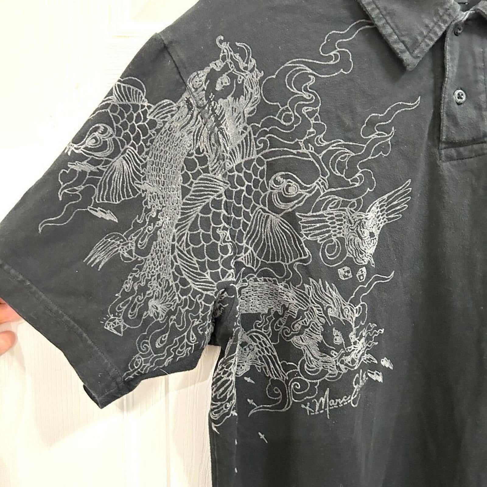 Marc Ecko Super Cool Affliction Black Polo Collar Shirt Size M 100% Cotton