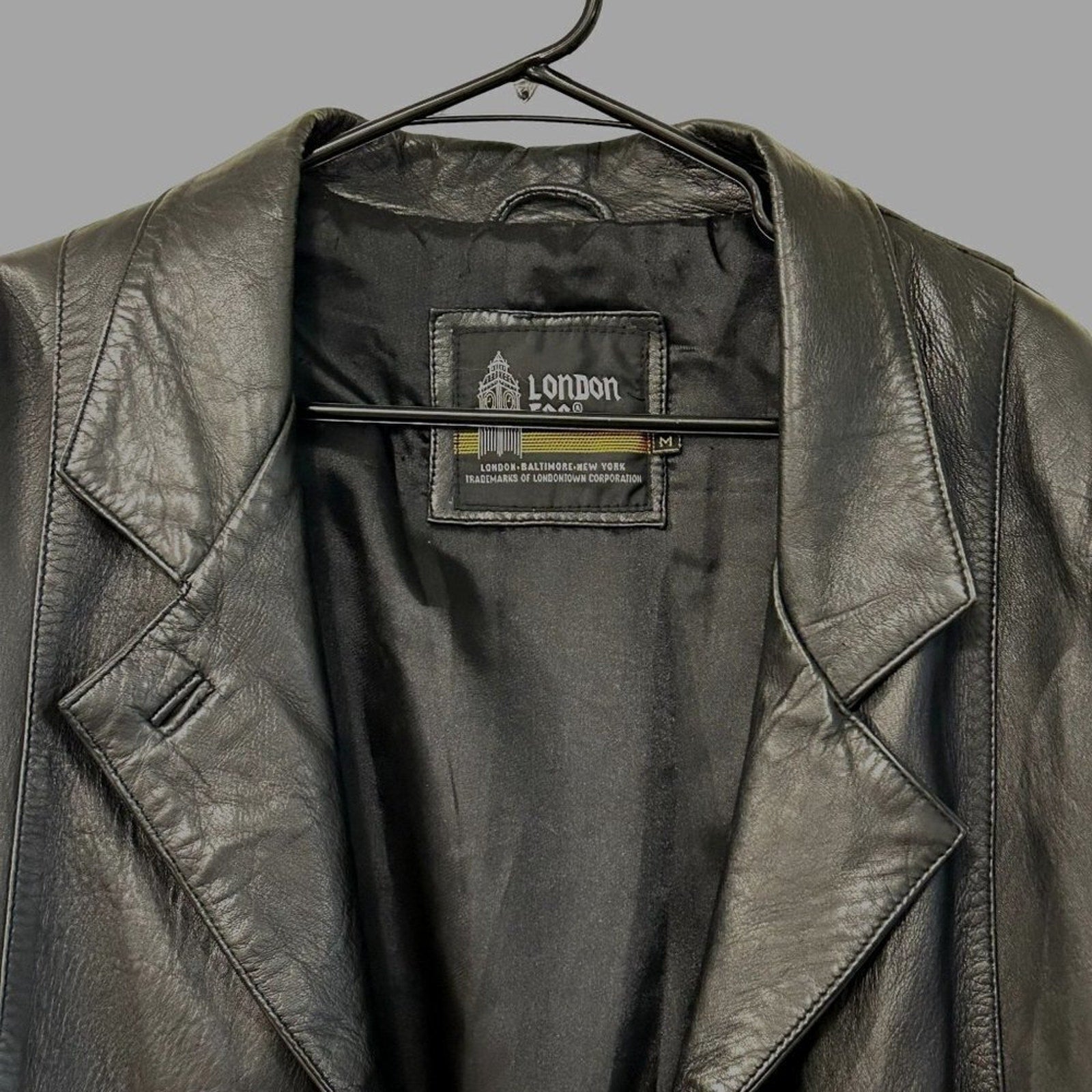 London Fog Men's Vintage Black Leather Jacket Size Medium Button Front #BH