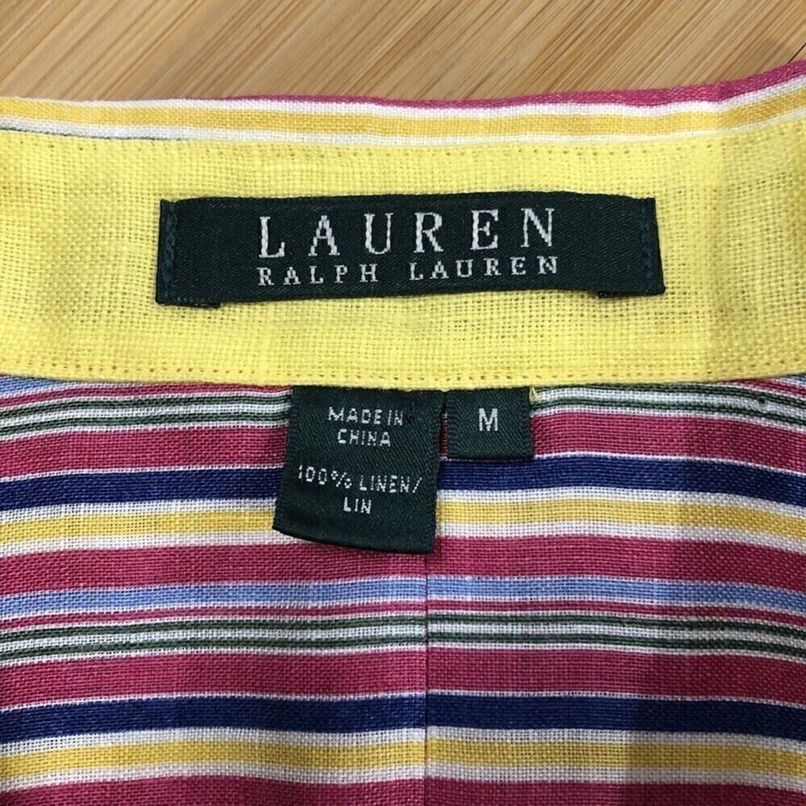 Lauren - Ralph Lauren Women's Stripe Linen Shirt - Yellow Collar & Sleeve Lining