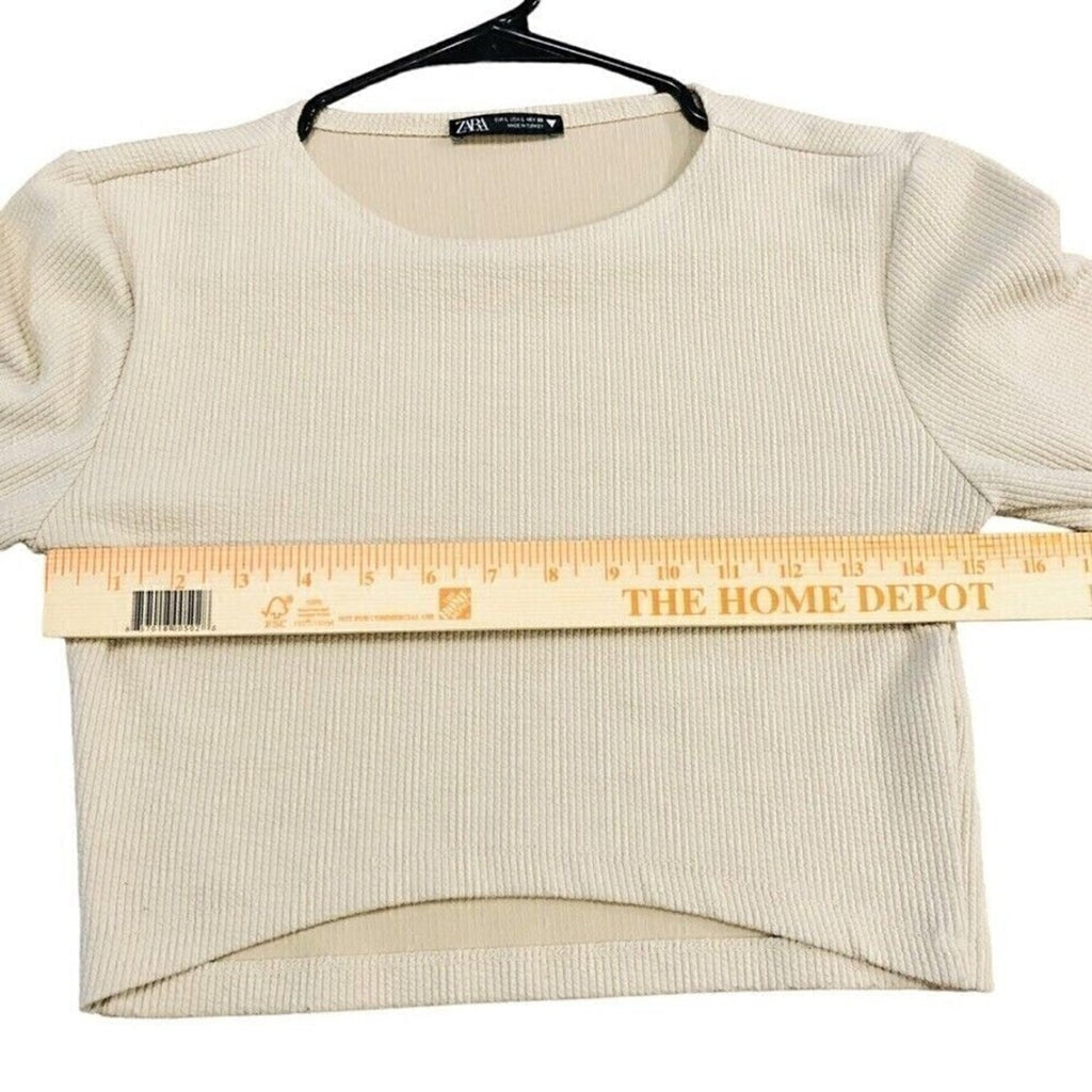 ZARA Beige Crew-Neck Long-Sleeve Crop Top (Size M) – Lightweight, All-Season Style #1085