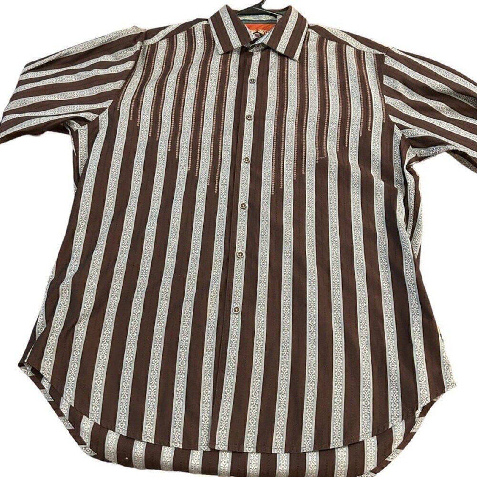 Robert Graham Mens Shirt Sz XL Striped Embroidered Rev.Cuffs Collar Stays #M1398