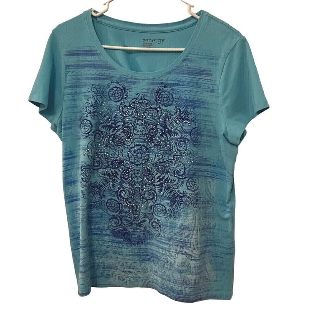 Chicos Women's Size 2 Tops Blue Studded Zenergy Cap Sleeve # 1089