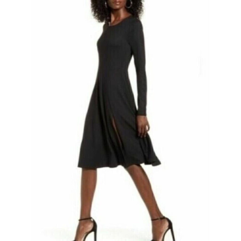 Socialite Women’s Side Slit Long Sleeve Midi Dress — Black, Size XL