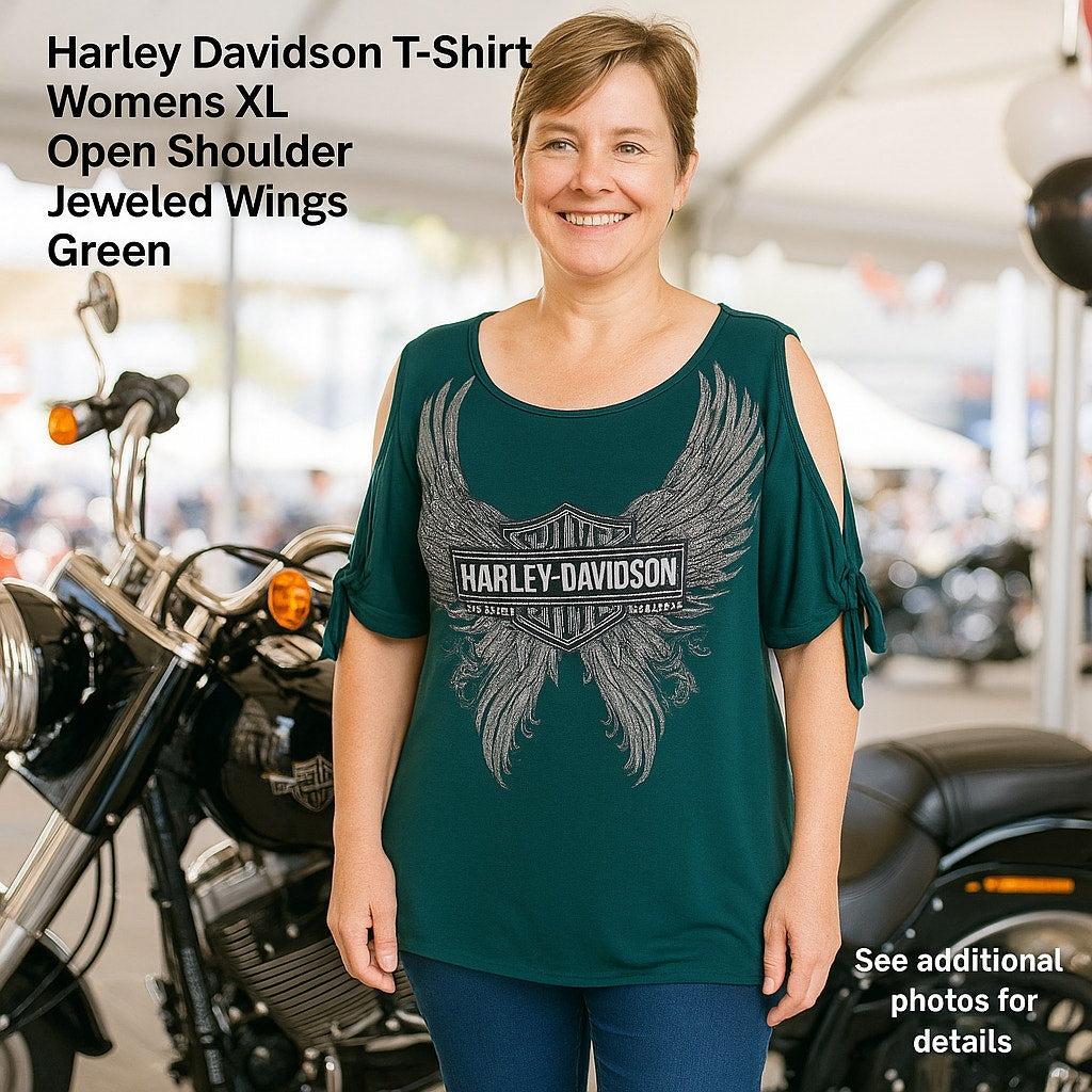 Harley Davidson T-Shirt Womens XL Open Shoulder Jeweled Wings Green