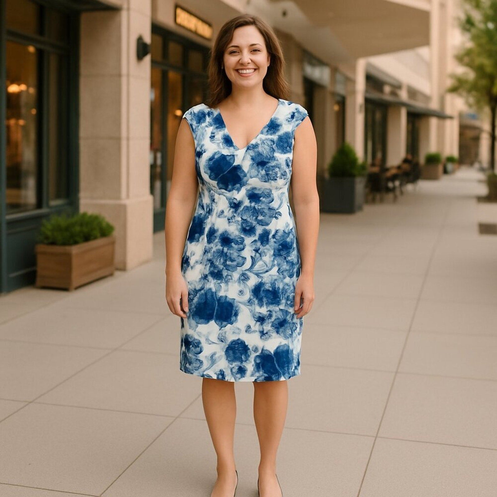 Connected Apparel dress size 10 lined white and blue floral print