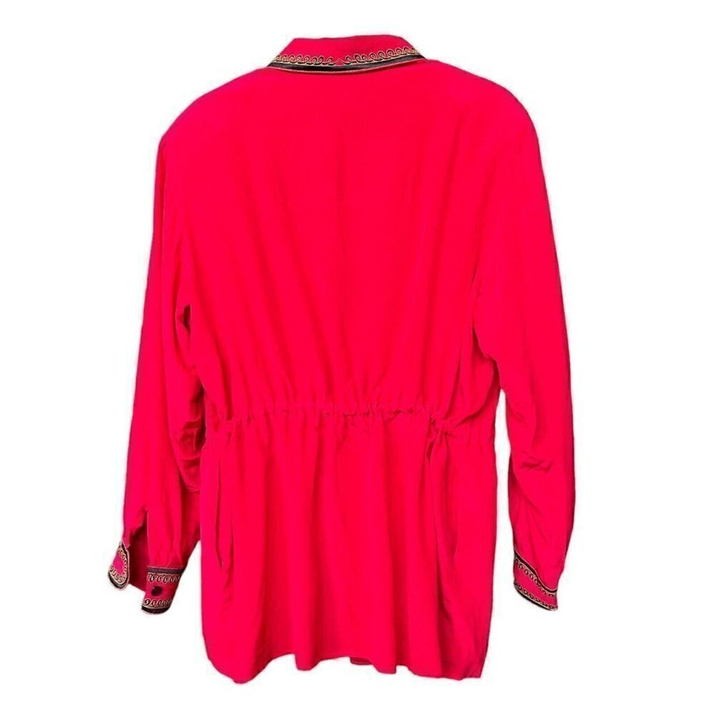 Bob Mackie Wearable Art 100% SILK Sz.L Red  Zipped Long Jacket Embroridered #HB