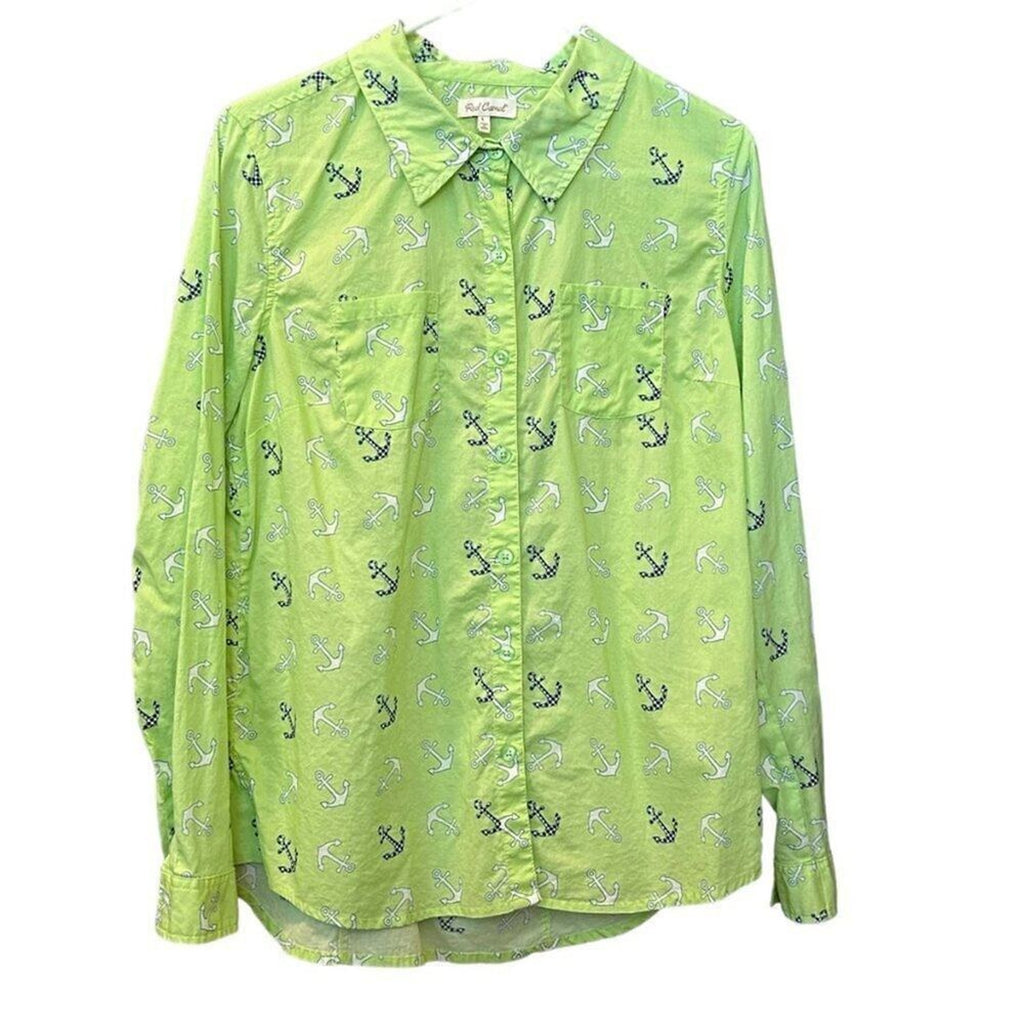 Red Camel Women's Blouse Green Anchor Pocket Collared Long Sleeve Button Up Sz L