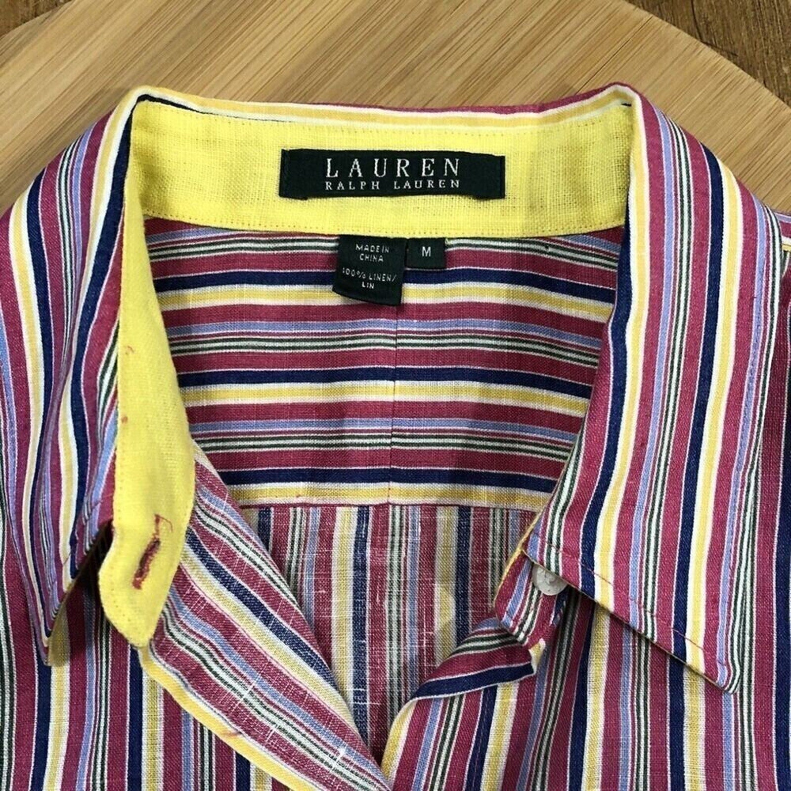 Lauren - Ralph Lauren Women's Stripe Linen Shirt - Yellow Collar & Sleeve Lining