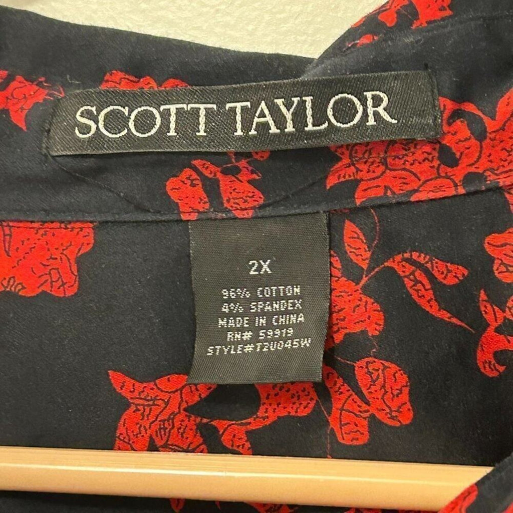 Scott Taylor Women's Top Red Black Blouse Size 2X Button Up Cotton/Spandex #BH
