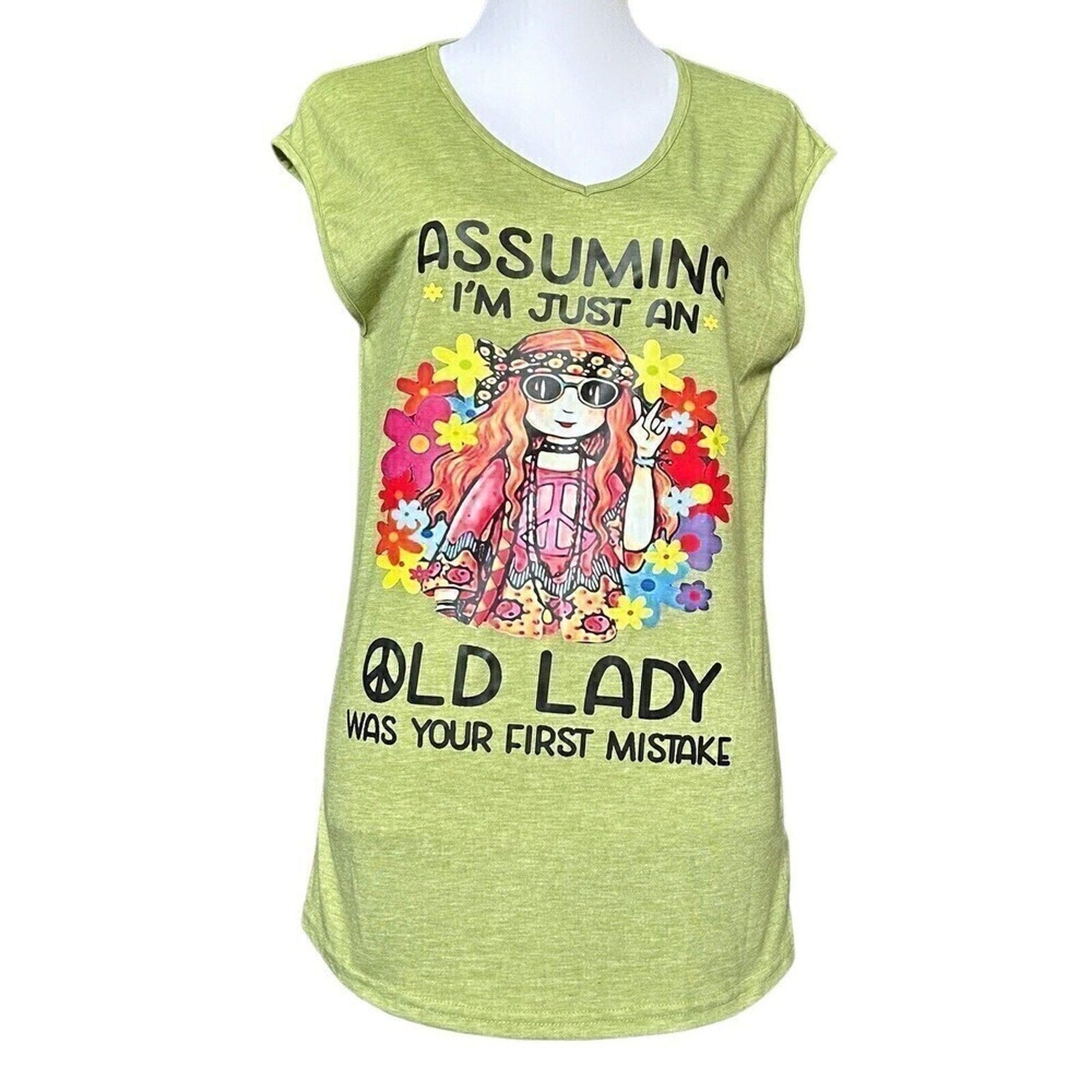 Women's T-Shirt Size Small V-Neck Olive Funny Old Lady Phrase, Mom Gift #H1286