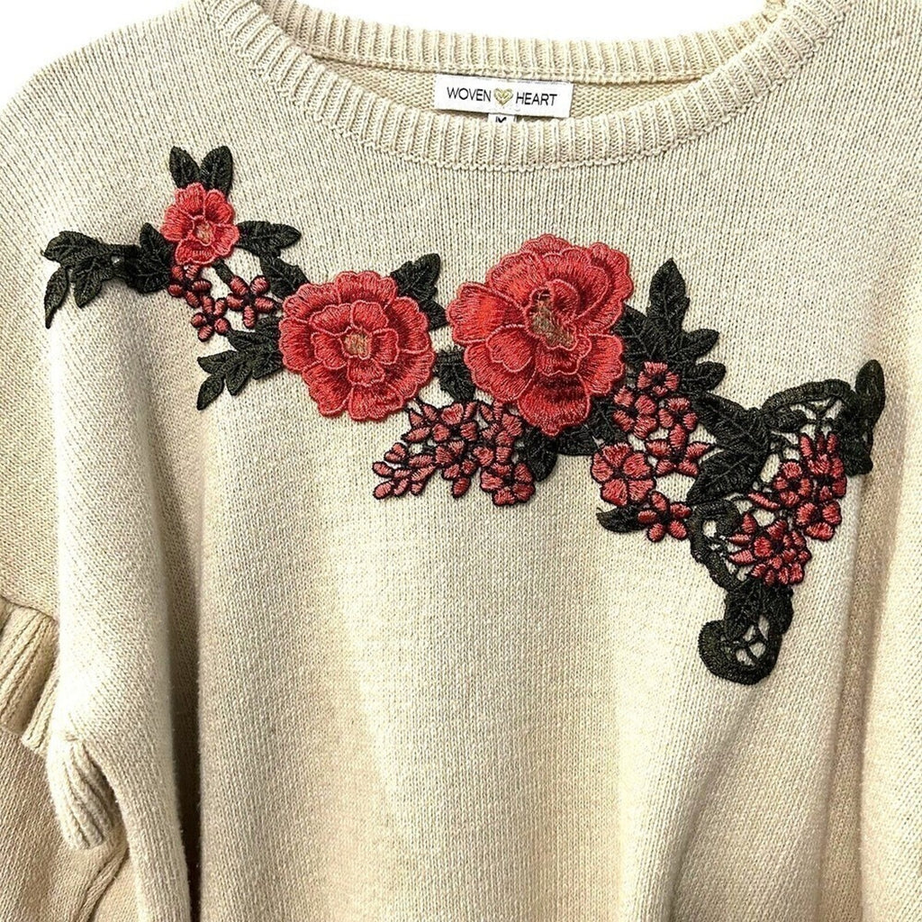 Woven Heart Women's Sweater, Embroidered Floral, Sz. M, Ruffle Sleeve, #1126
