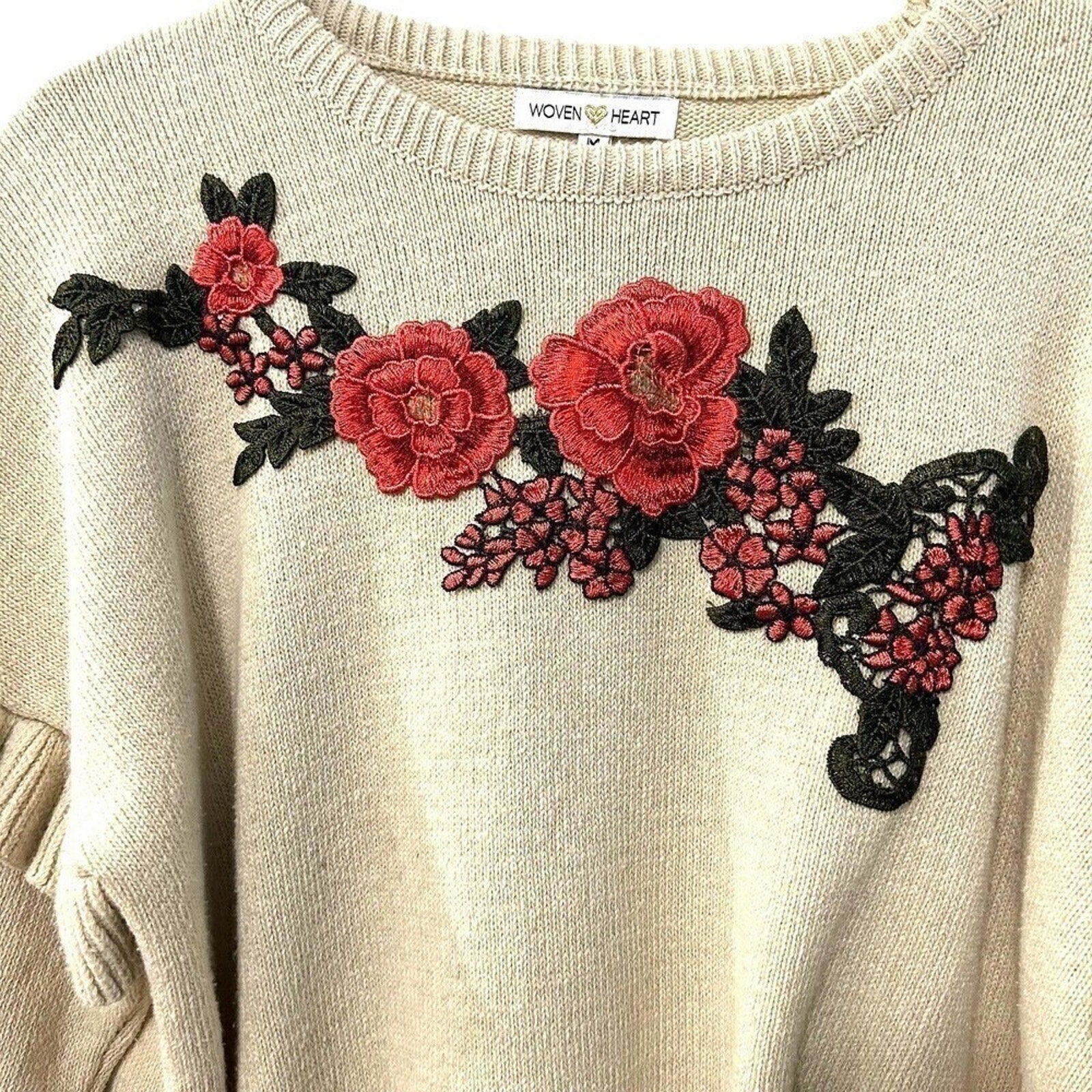 Woven Heart Women's Sweater, Embroidered Floral, Sz. M, Ruffle Sleeve, #1126