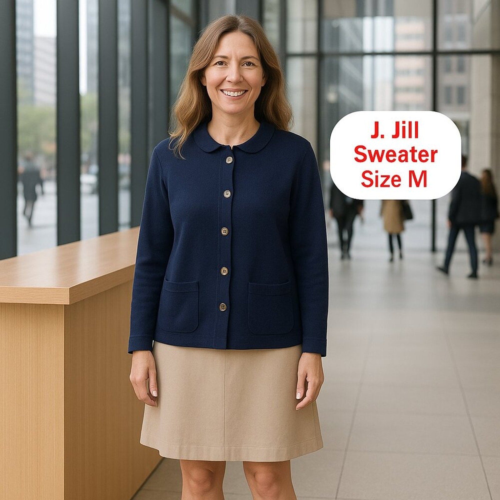 J.Jill Cardigan Pockets Sweater Cotton, Open Crew Neck Tight Knit Blue #017