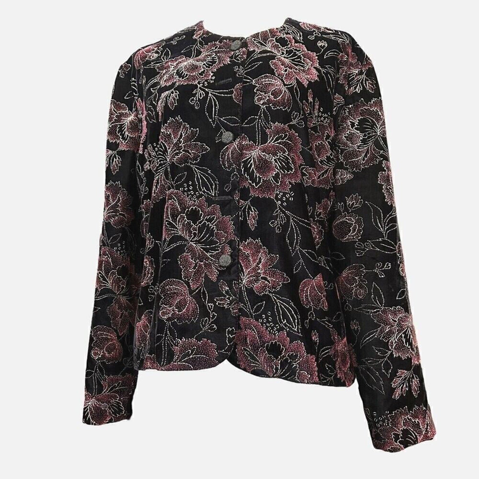 Norton McNaughton Womens Velvet Floral Metallic Vintage Blazer Jacket Blk. Sz 14
