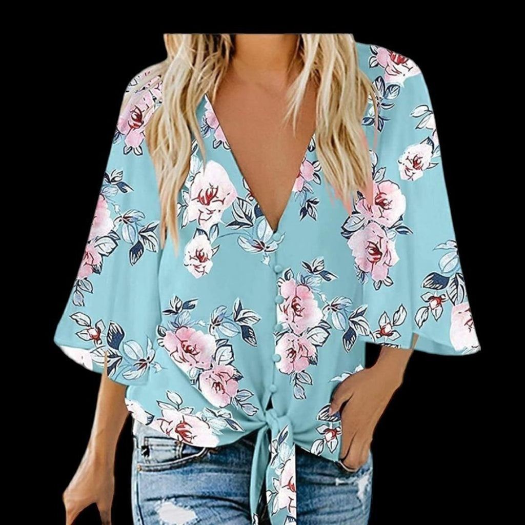 Women's 2XL Aqua Floral Tie Blouse 3/4 Sleeve Casual Boho Style #F1223