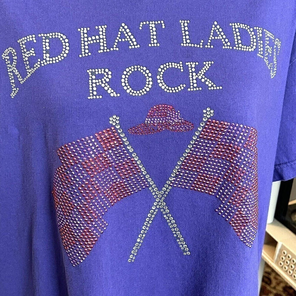 Red Hat Ladies Society  Rock T-Shirt Size 2X Rhinestone Graphic w/Flag #K1297