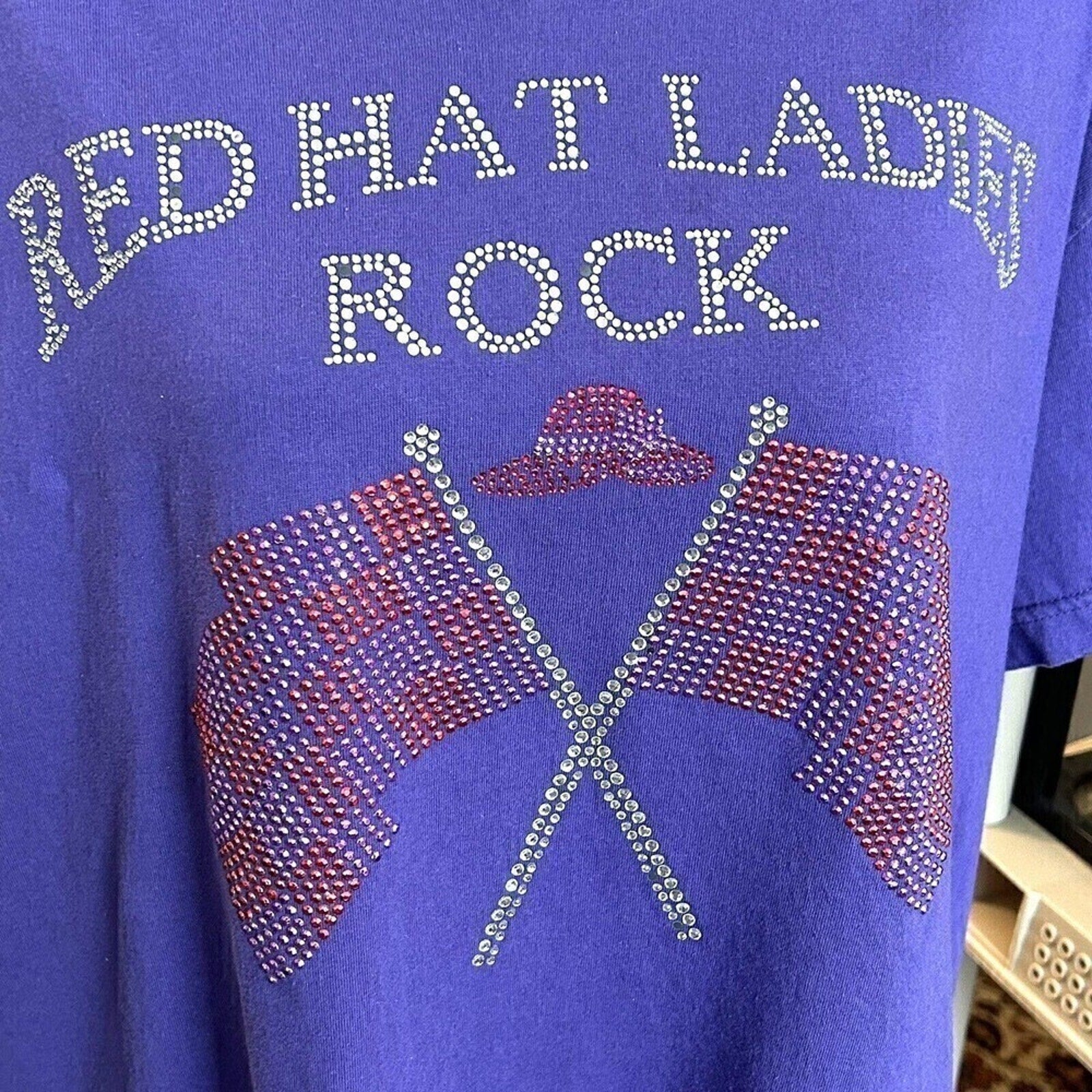 Red Hat Ladies Society  Rock T-Shirt Size 2X Rhinestone Graphic w/Flag #K1297
