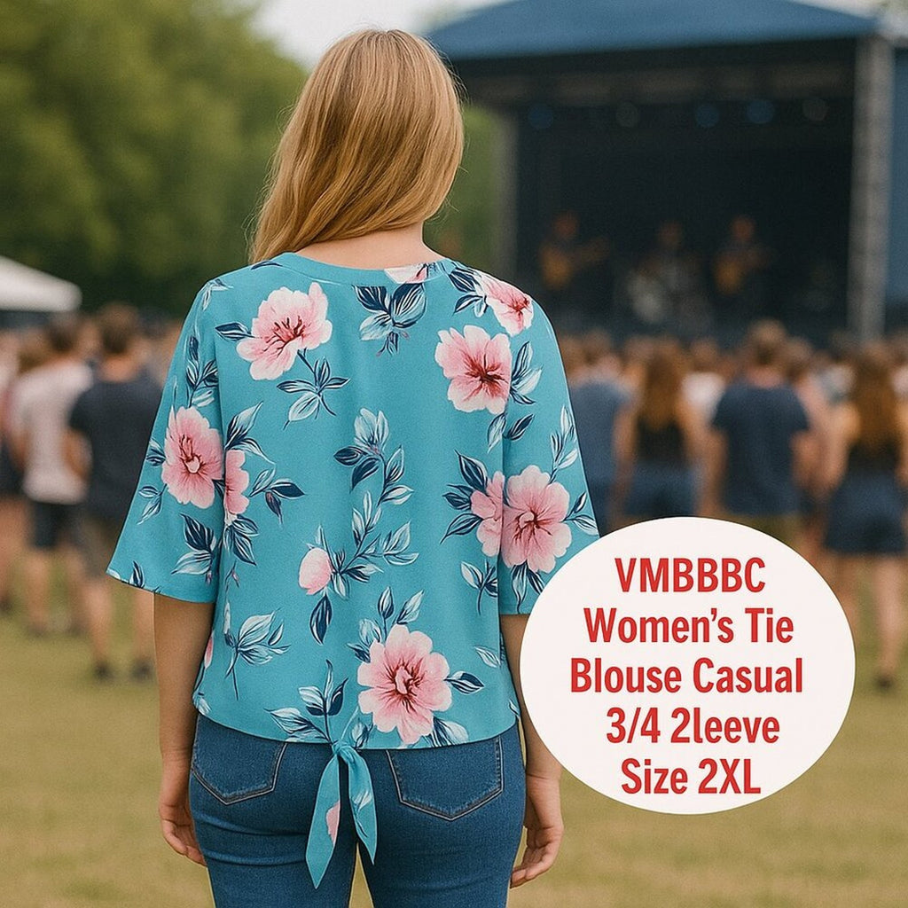 Women's 2XL Aqua Floral Tie Blouse 3/4 Sleeve Casual Boho Style #F1223