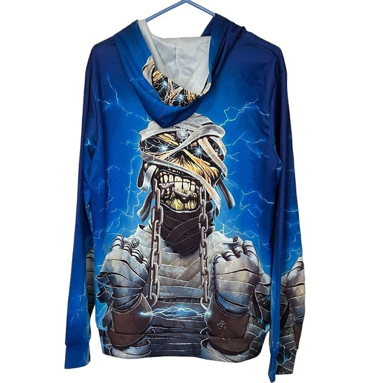 Iron Maiden Powerslave World Slavery Tour Hoodie Size L Poly Spandex Blue #B1494
