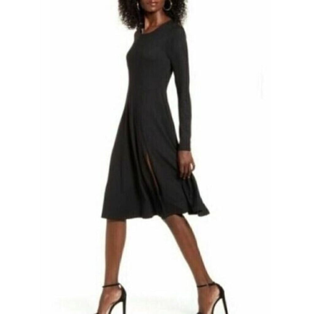 Socialite Women’s Side Slit Long Sleeve Midi Dress — Black, Size XL