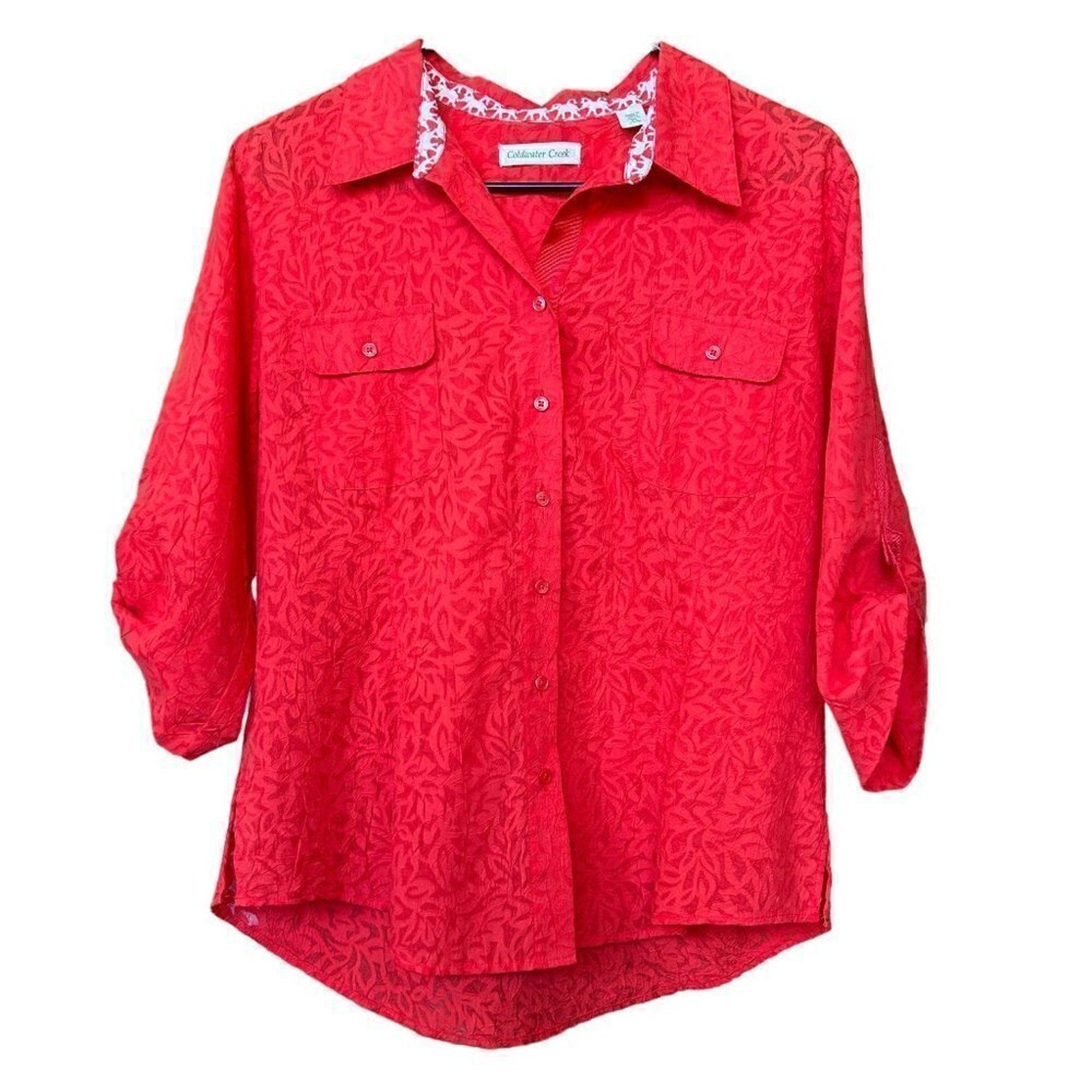 Coldwater Creek Women’s Blouse PL | Burnt Orange Button-Up, 3/4 Sleeve – F1219