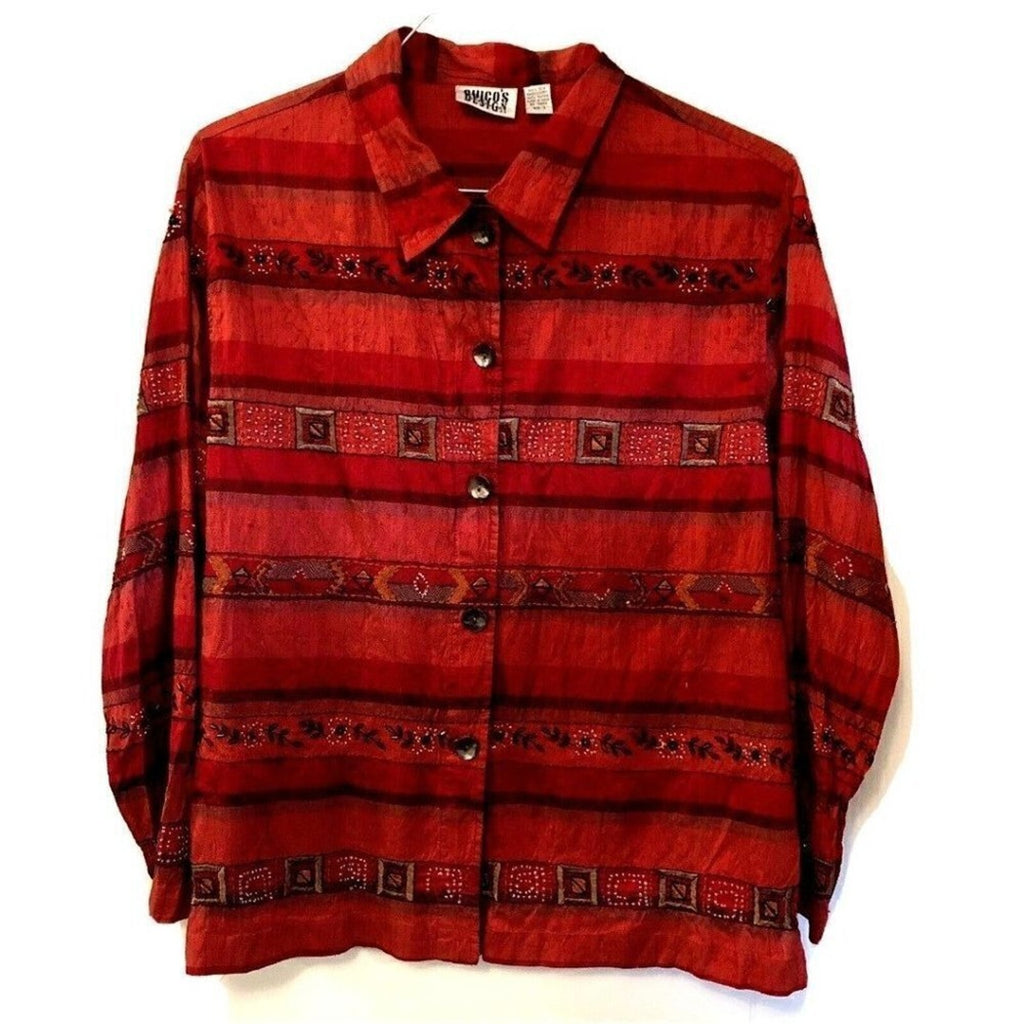 CHICO'S DESIGN Women's 100% SILK Size (L) - EMBROIDERED BEADED STRIPED TOP