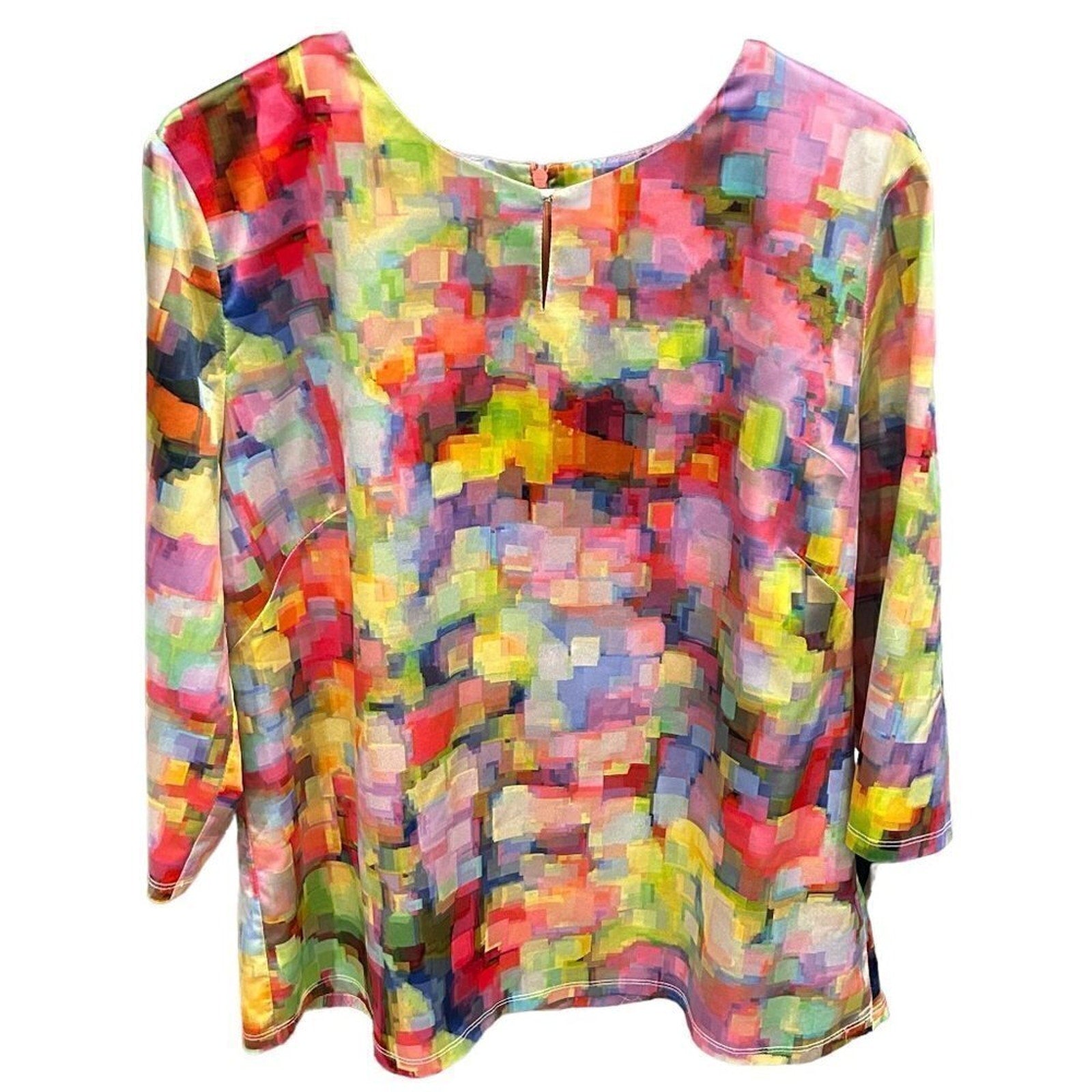 JOEFFER CAOC Womens Blouse Size L Multi-Color Abstract Tunic Artcore 3/4 Slv.#HB