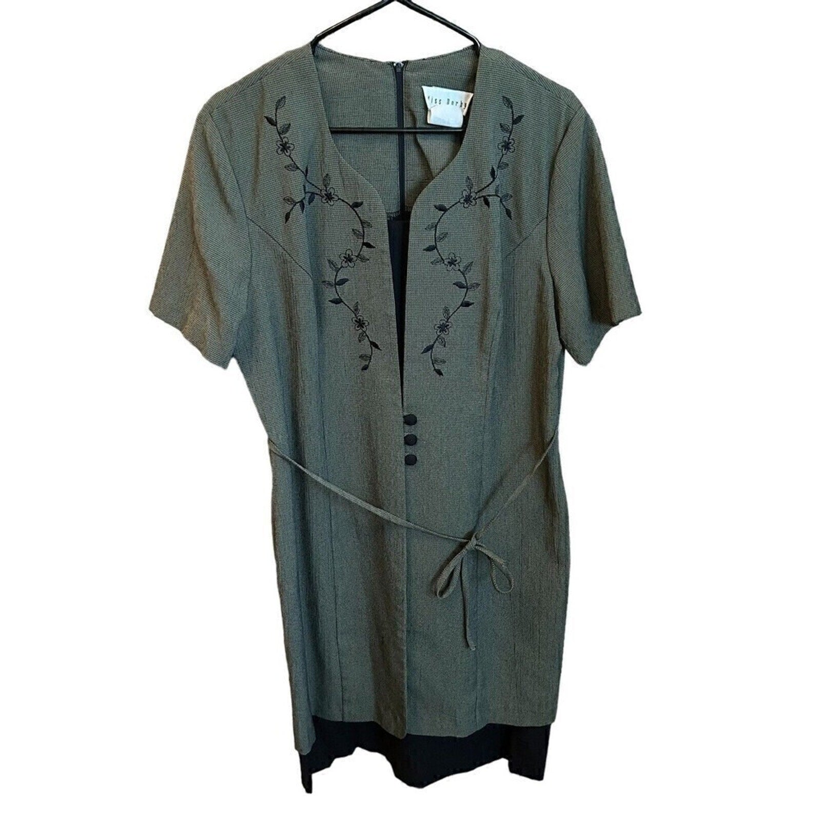 Miss Dorby Vintage Houndstooth Floral Embroidered Olive Dress Size 12 # HS