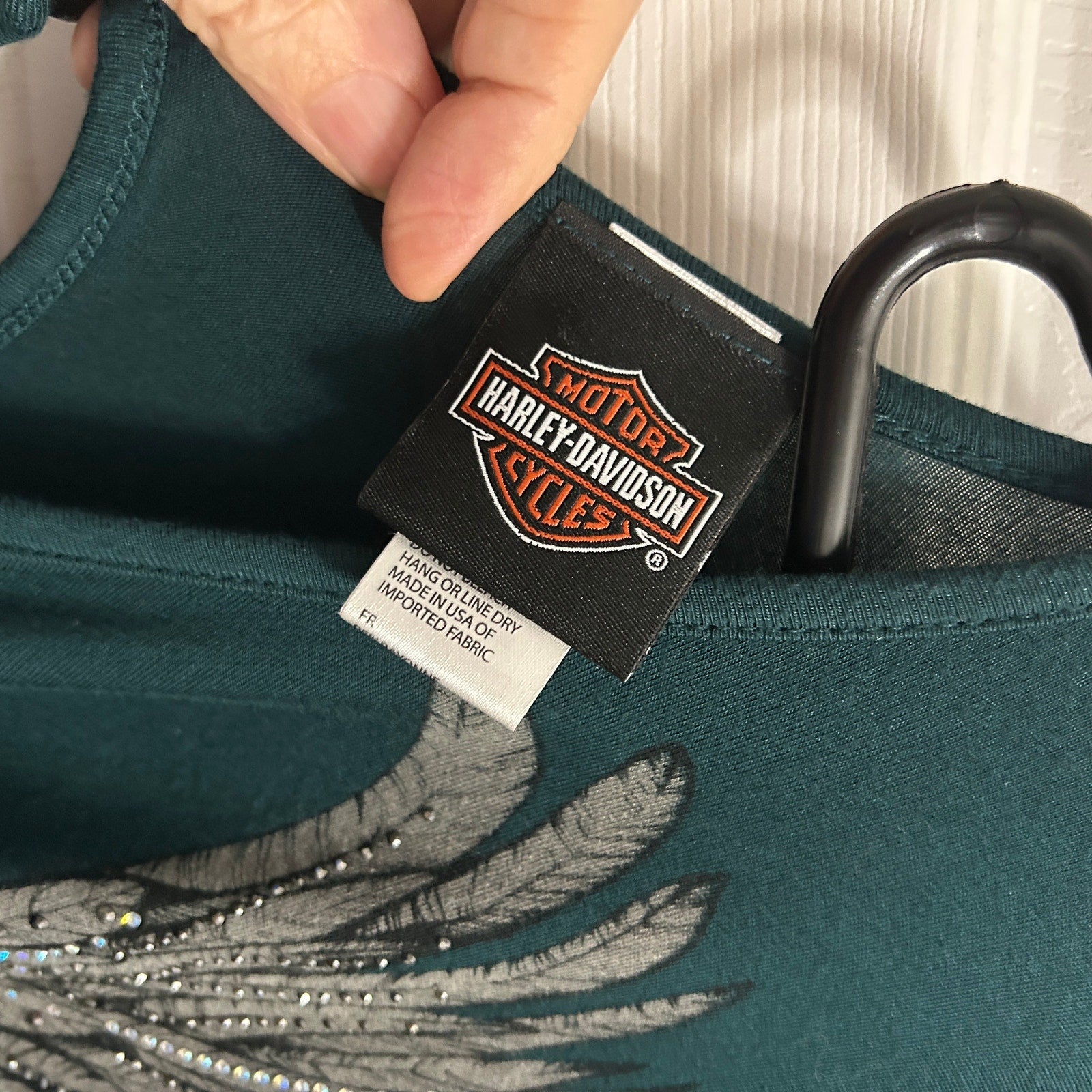 Harley Davidson T-Shirt Womens XL Open Shoulder Jeweled Wings Green