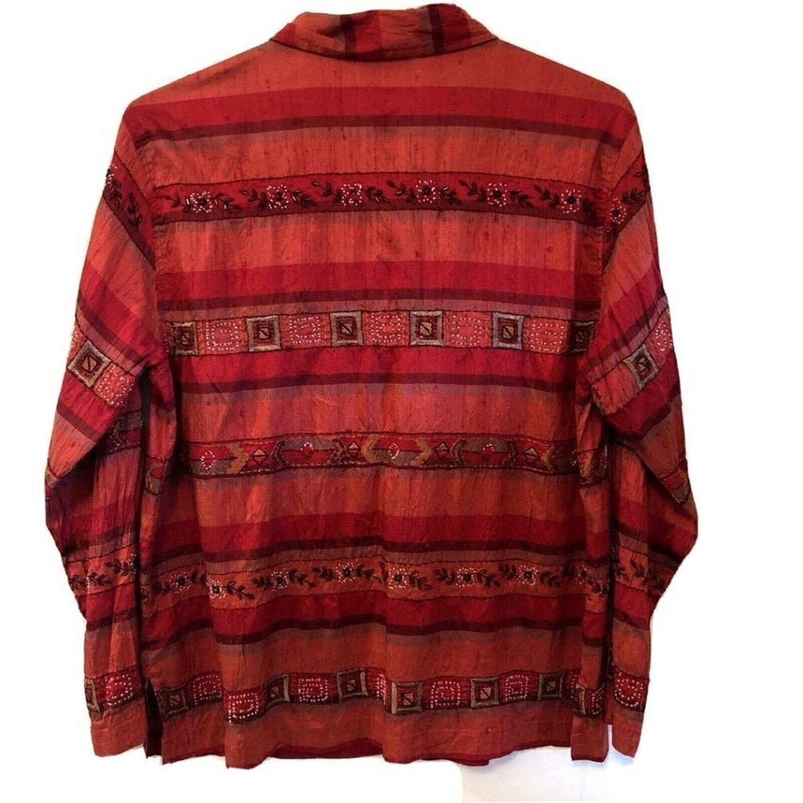 CHICO'S DESIGN Women's 100% SILK Size (L) - EMBROIDERED BEADED STRIPED TOP