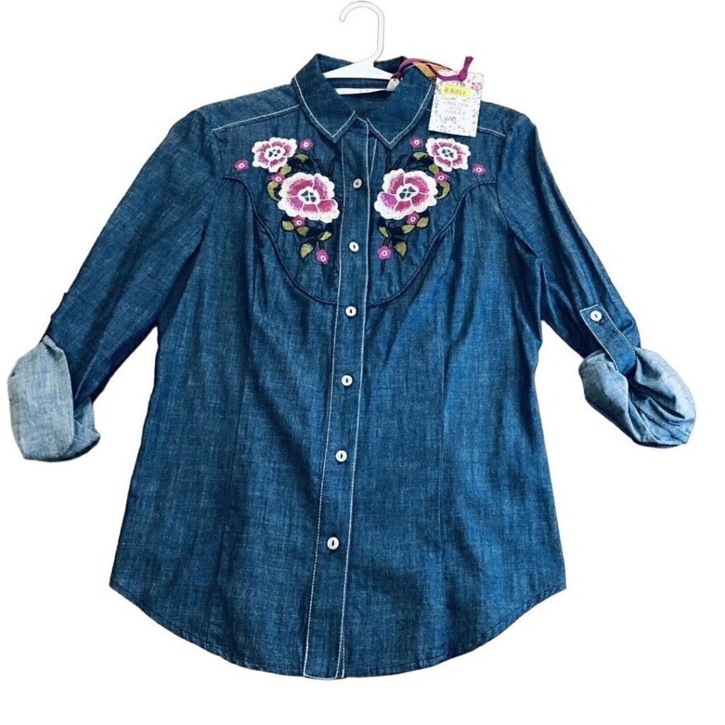 Chelsea & Violet Floral Embroidered Chambray Shirt Small