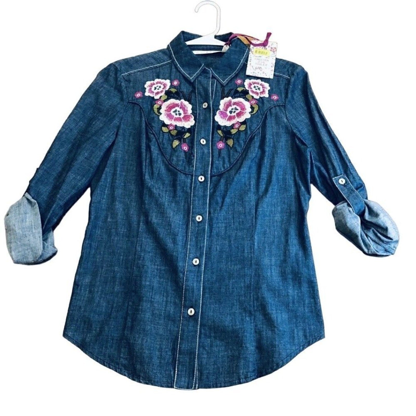 Chelsea & Violet Floral Embroidered Chambray Shirt Small