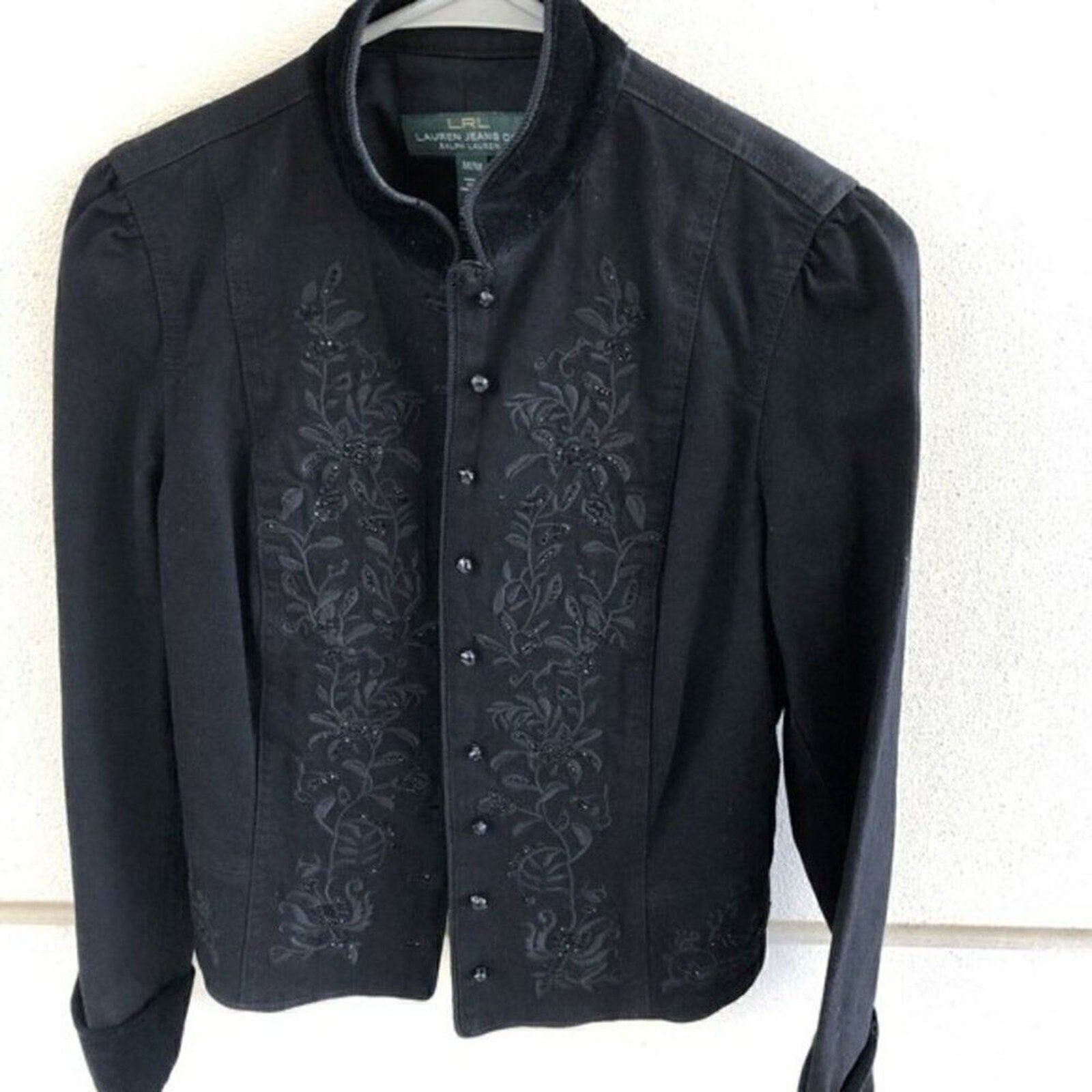 Lauren by Ralph Lauren Black Denim & Velvet Cuff Jacket, Button front Sz: M #BH