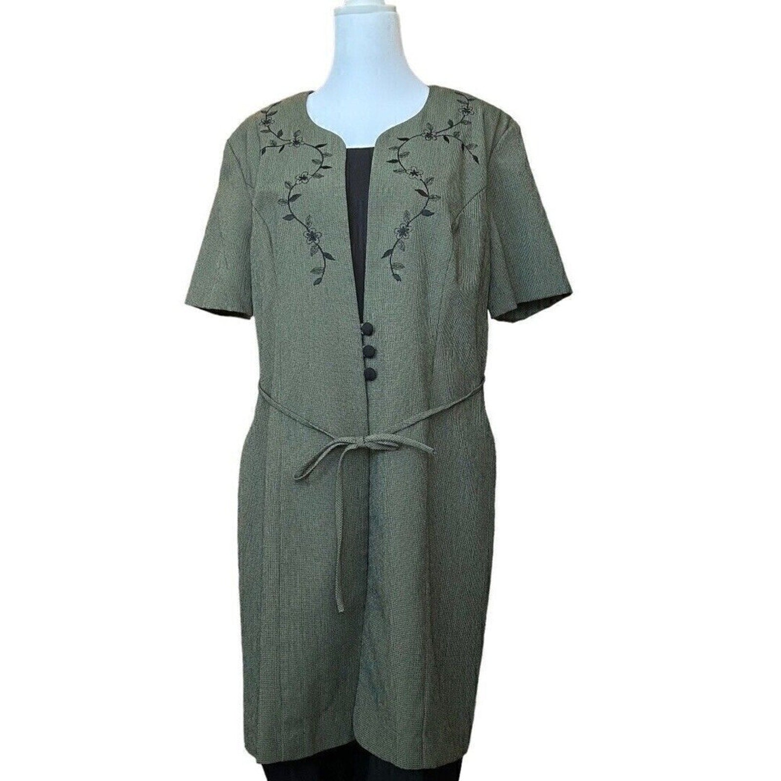 Miss Dorby Vintage Houndstooth Floral Embroidered Olive Dress Size 12 # HS