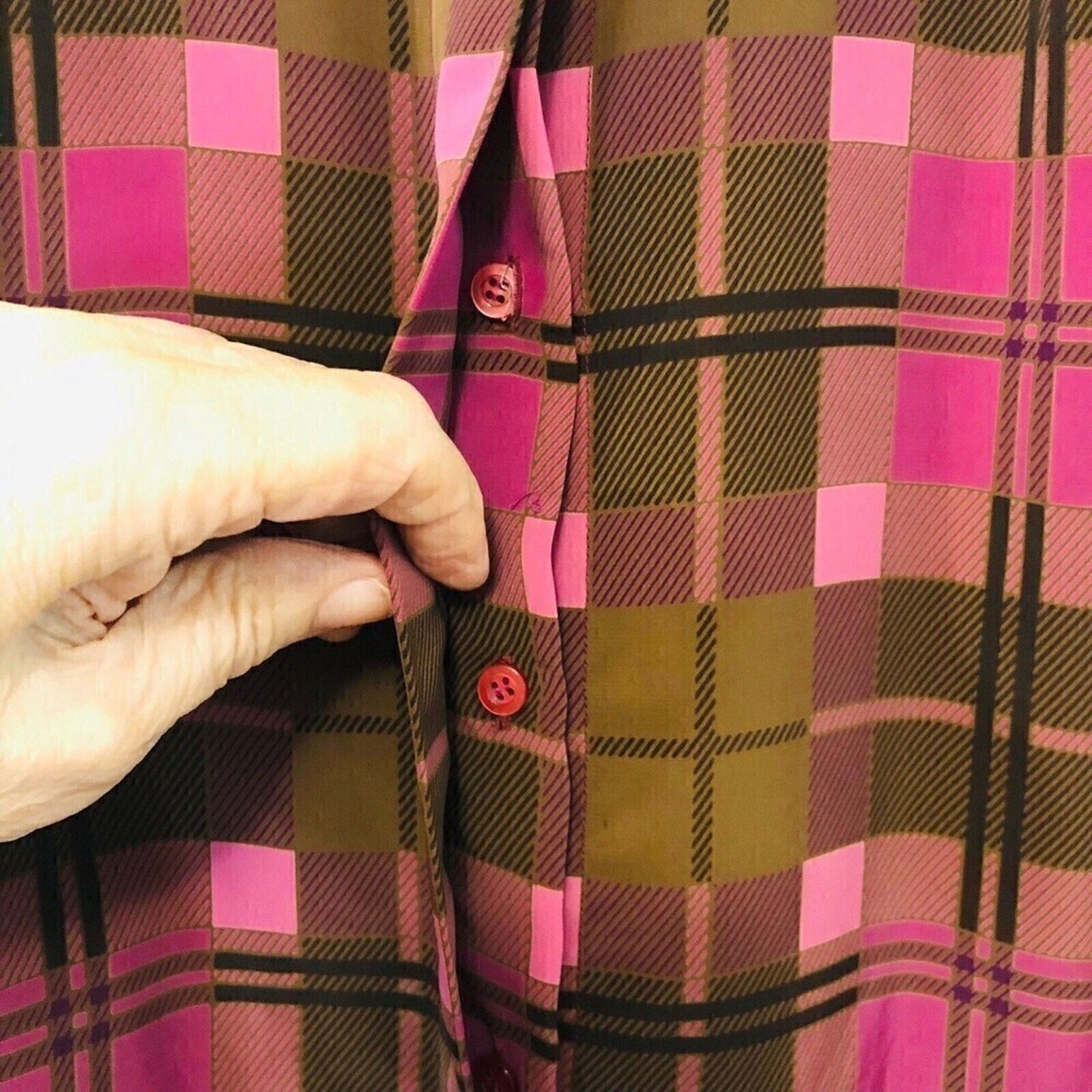 Vintage Lloyd Williams Shirt Women's Blouse Nehru Collar, Plaid Maroon/Pink