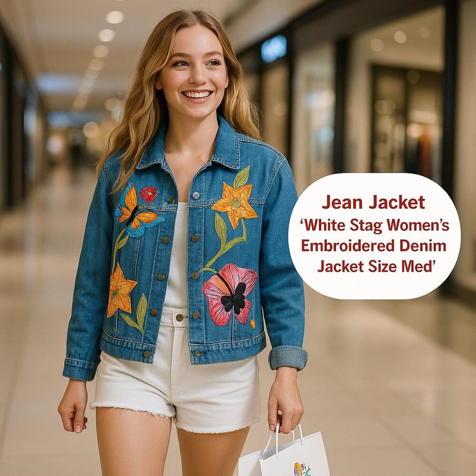 White Stag Women's Embroidered Denim Jacket Size Med. Measurements below #G1255