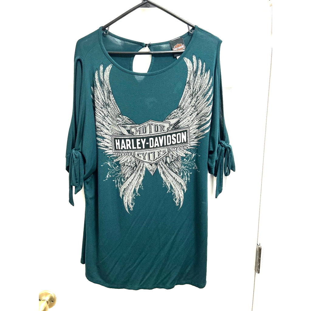 Harley Davidson T-Shirt Womens XL Open Shoulder Jeweled Wings Green