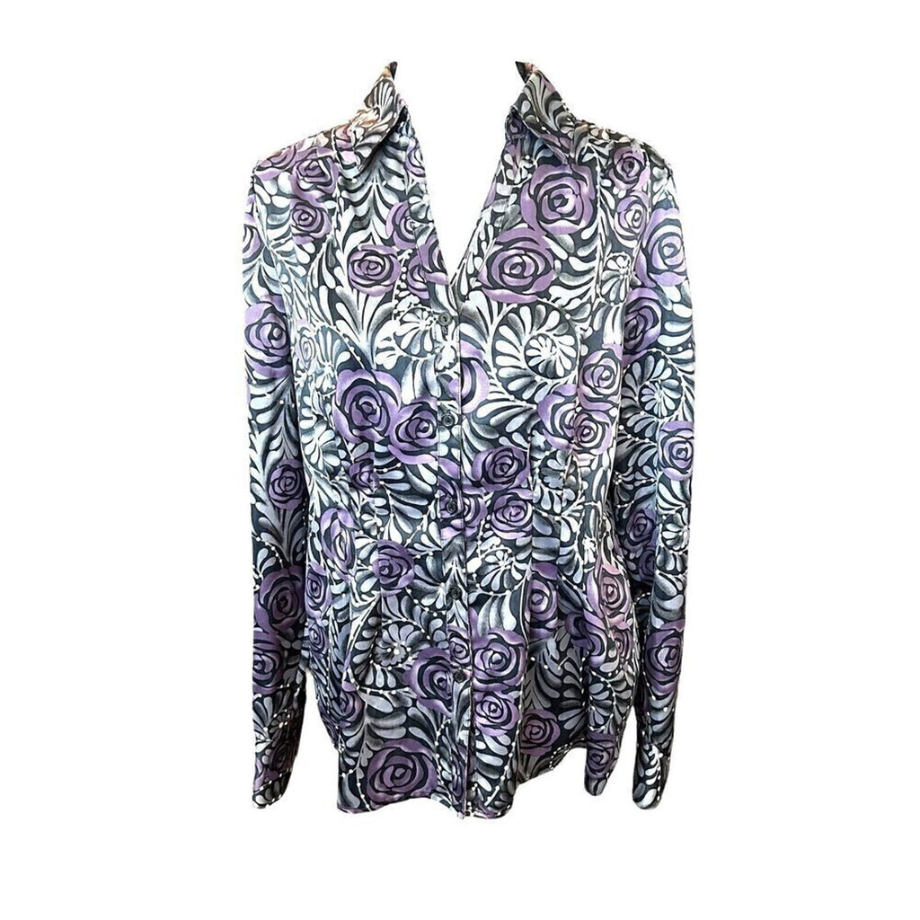 East 5th Women's Grey Purple Tunic White Blouse Size (L) Pleated Front #SH