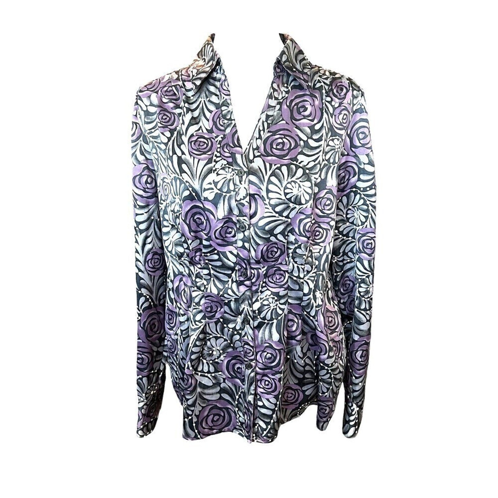 East 5th Women's Grey Purple Tunic White Blouse Size (L) Pleated Front #SH