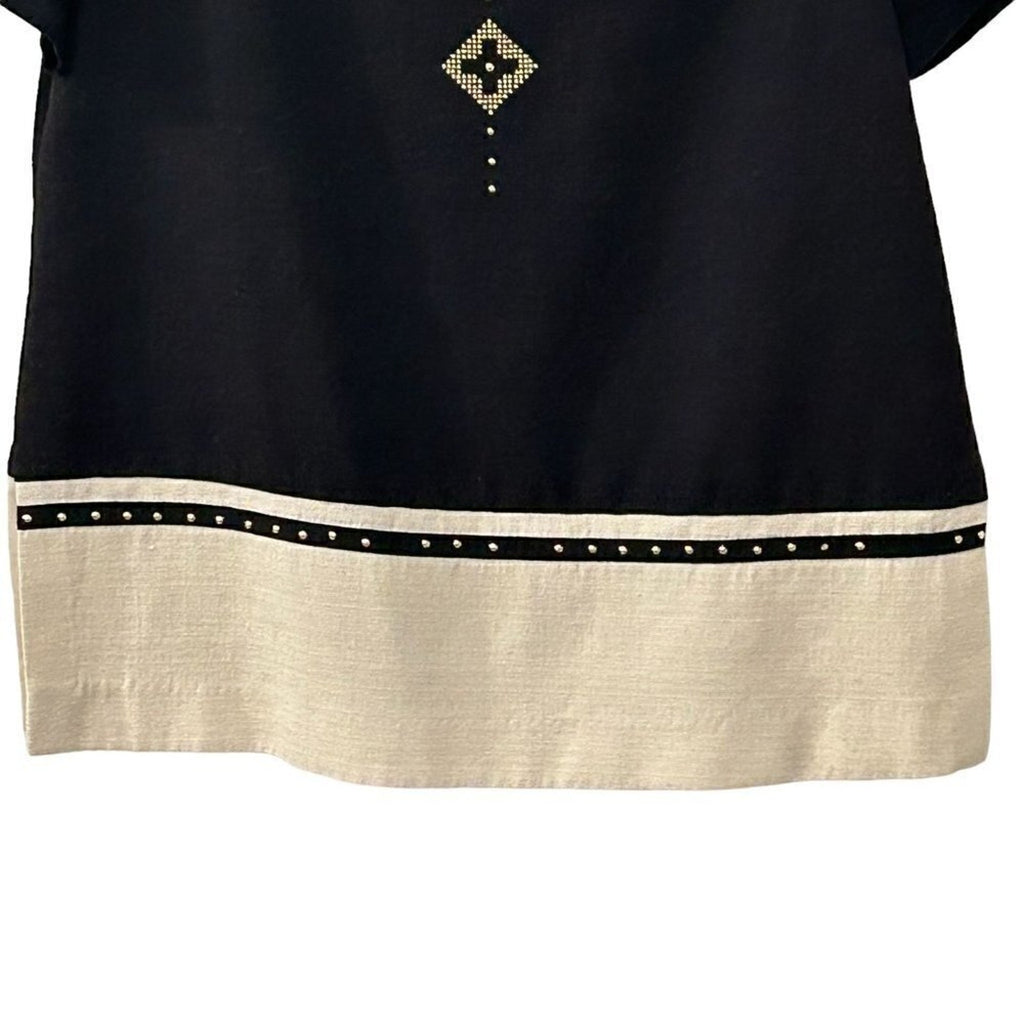 Virgo Women's Tunic Top Size 10, Black / Cream Gold Studs Rayon / Poly Blend #BH