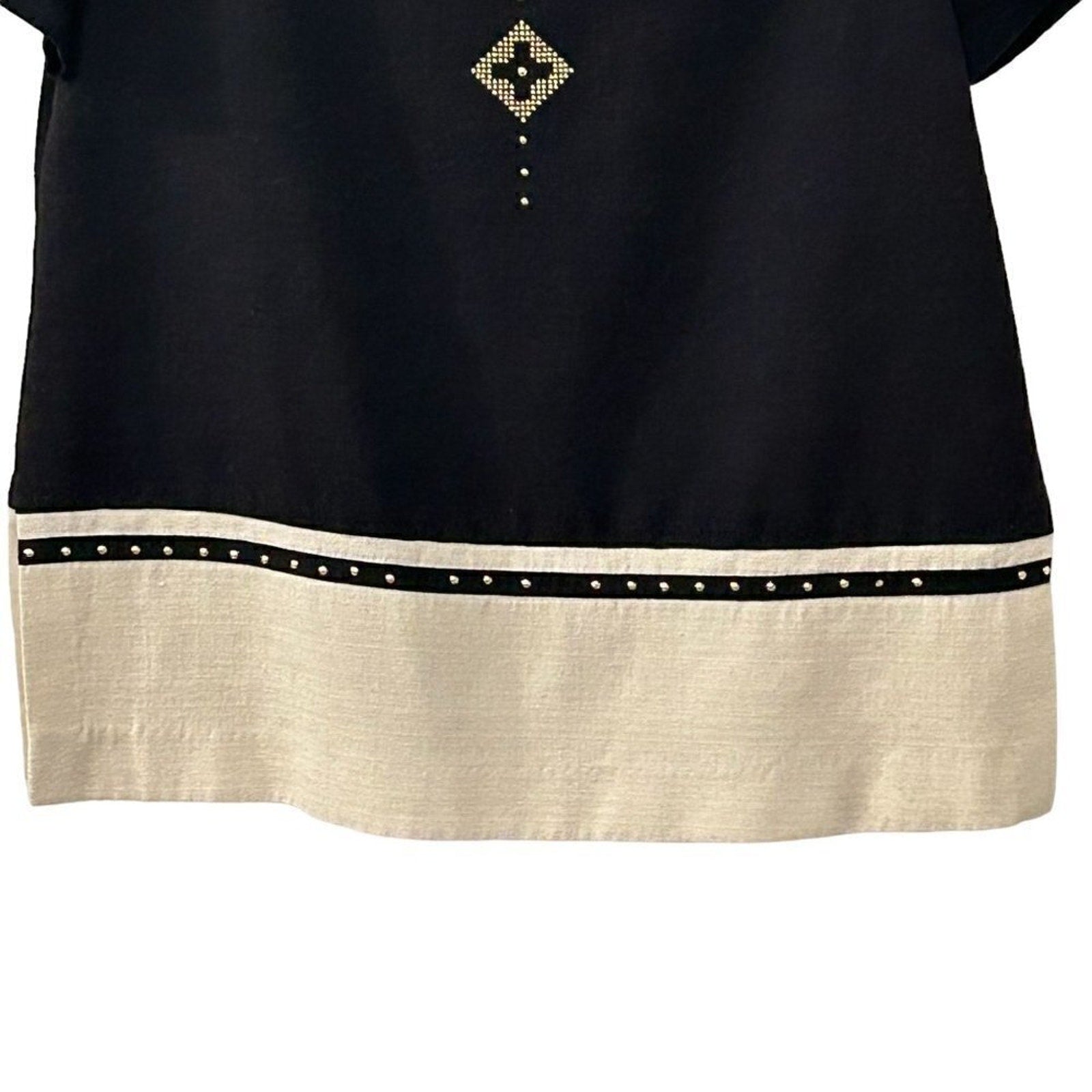 Virgo Women's Tunic Top Size 10, Black / Cream Gold Studs Rayon / Poly Blend #BH