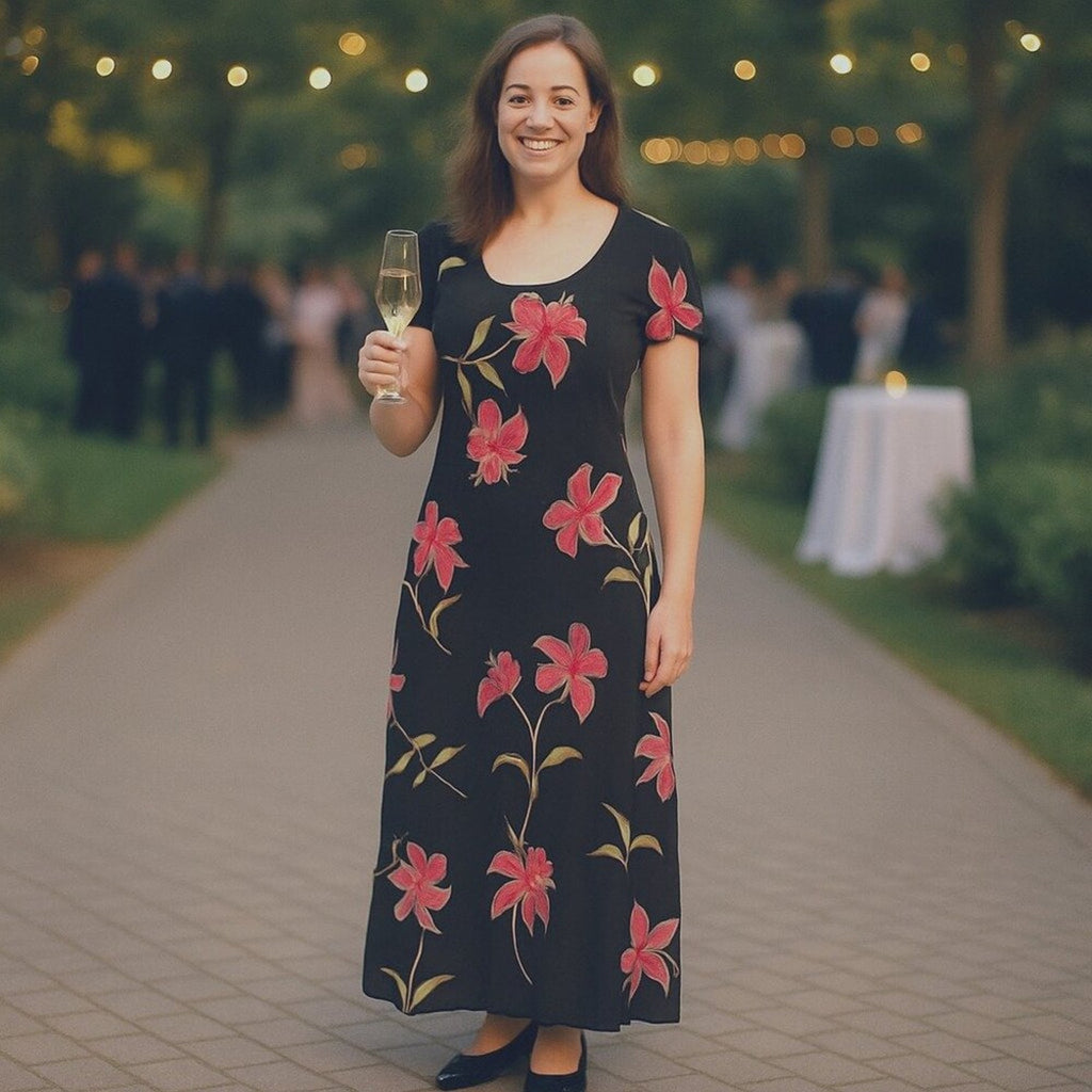 Jessica Howard black & purple floral dress size 8 (above ankle, short sleeve, fully lined)