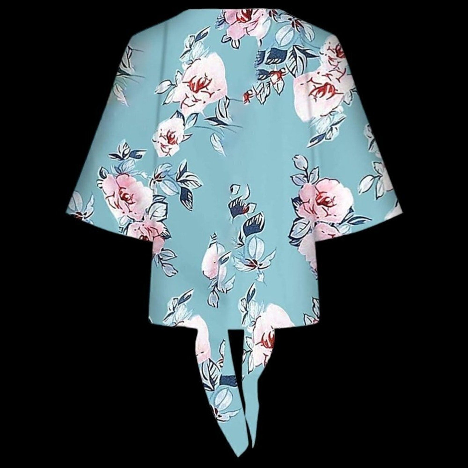 Women's 2XL Aqua Floral Tie Blouse 3/4 Sleeve Casual Boho Style #F1223