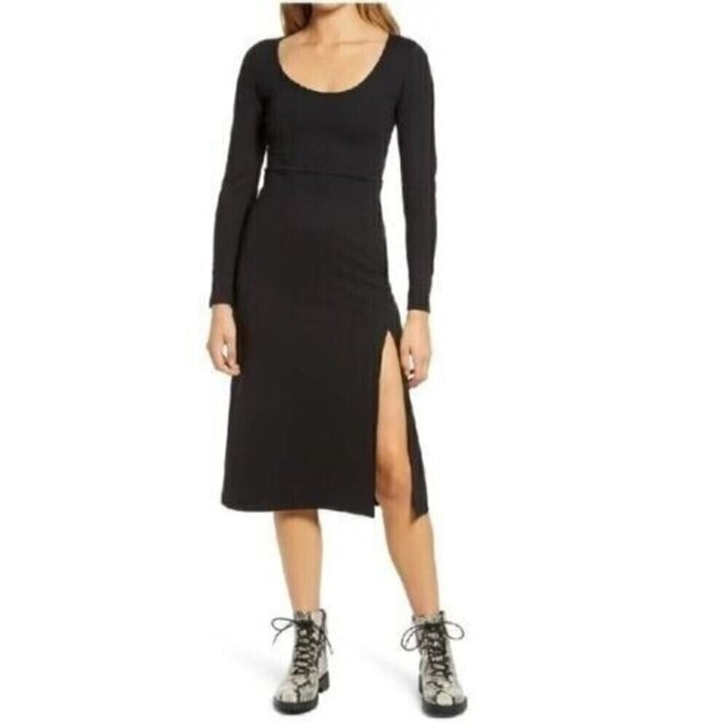 Socialite Women’s Side Slit Long Sleeve Midi Dress — Black, Size XL