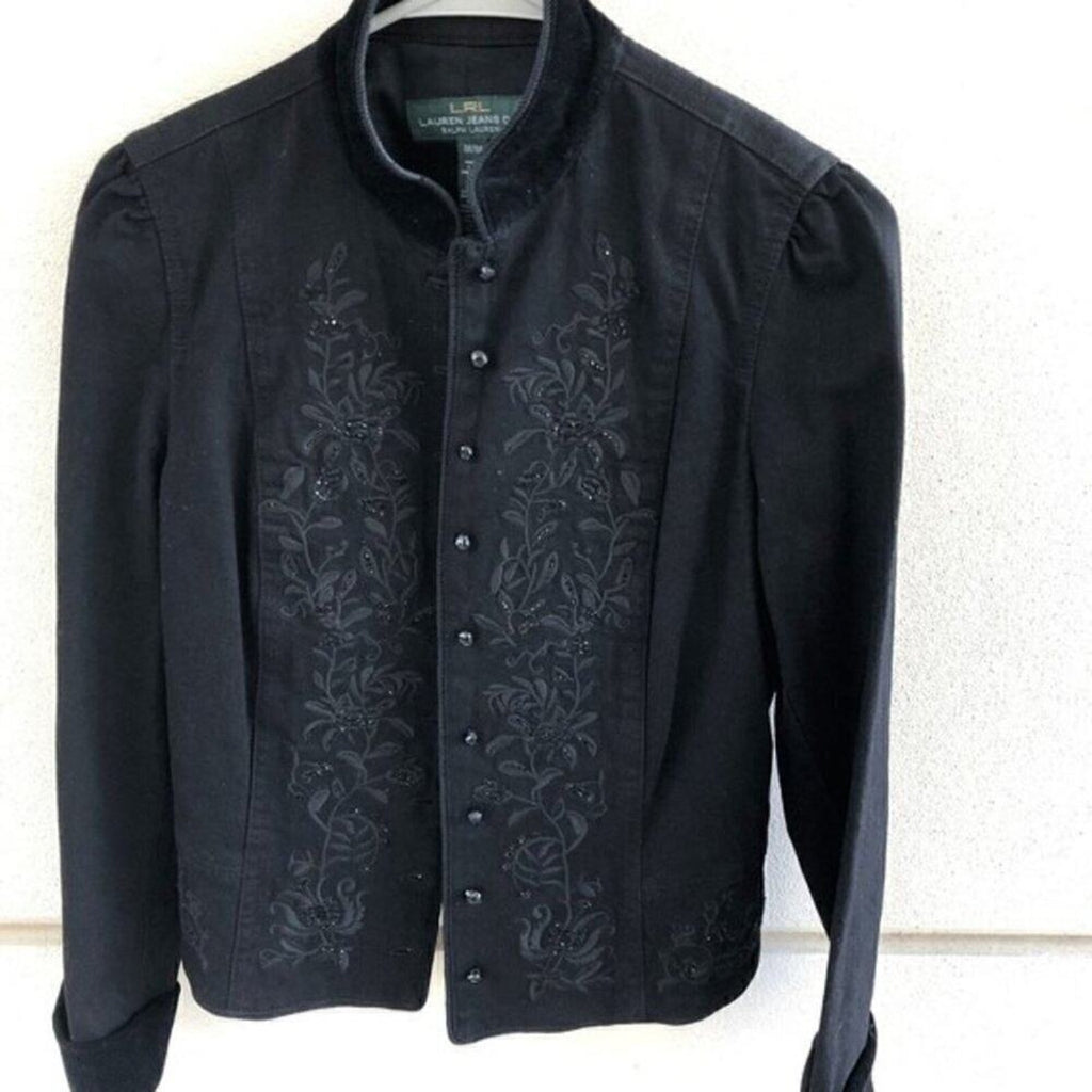 Lauren by Ralph Lauren Black Denim & Velvet Cuff Jacket, Button front Sz: M #BH