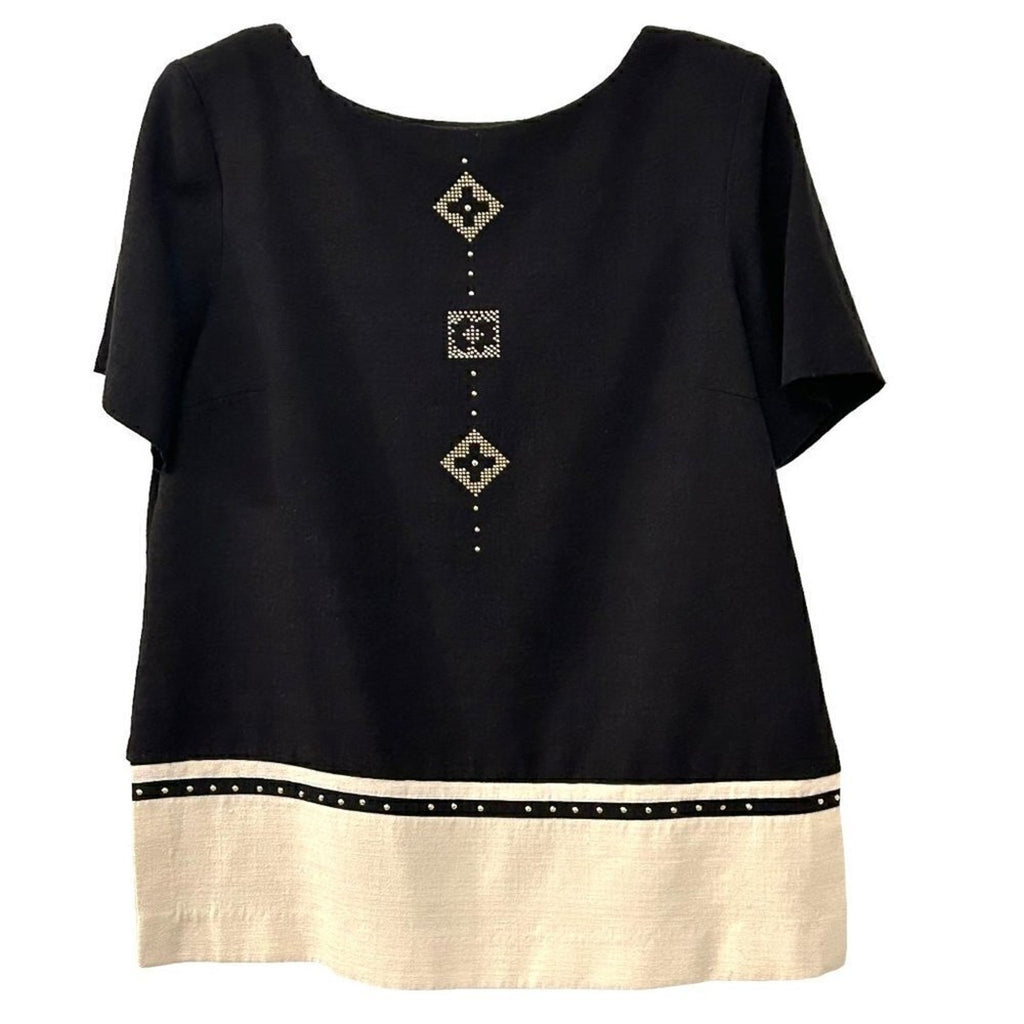 Virgo Women's Tunic Top Size 10, Black / Cream Gold Studs Rayon / Poly Blend #BH