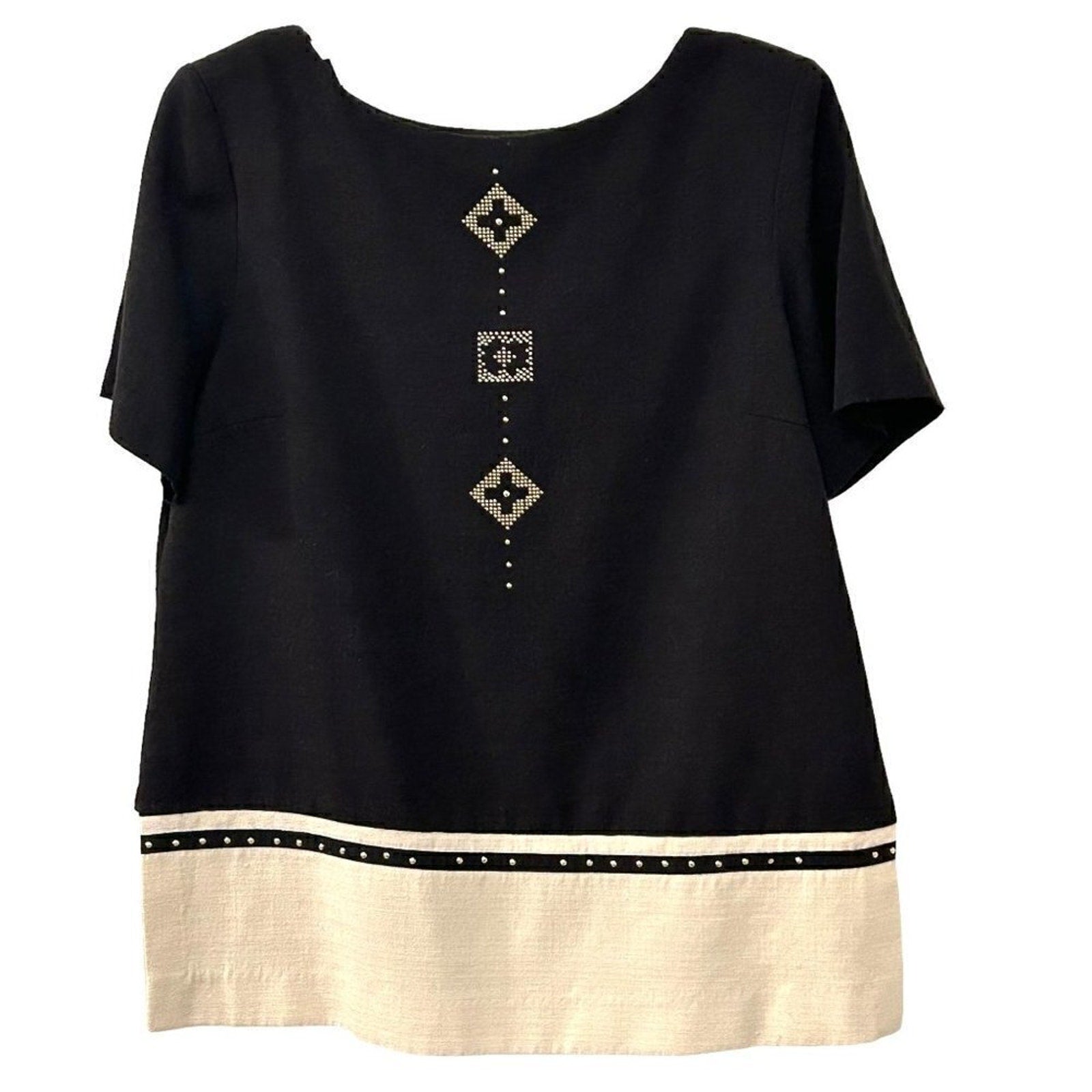 Virgo Women's Tunic Top Size 10, Black / Cream Gold Studs Rayon / Poly Blend #BH