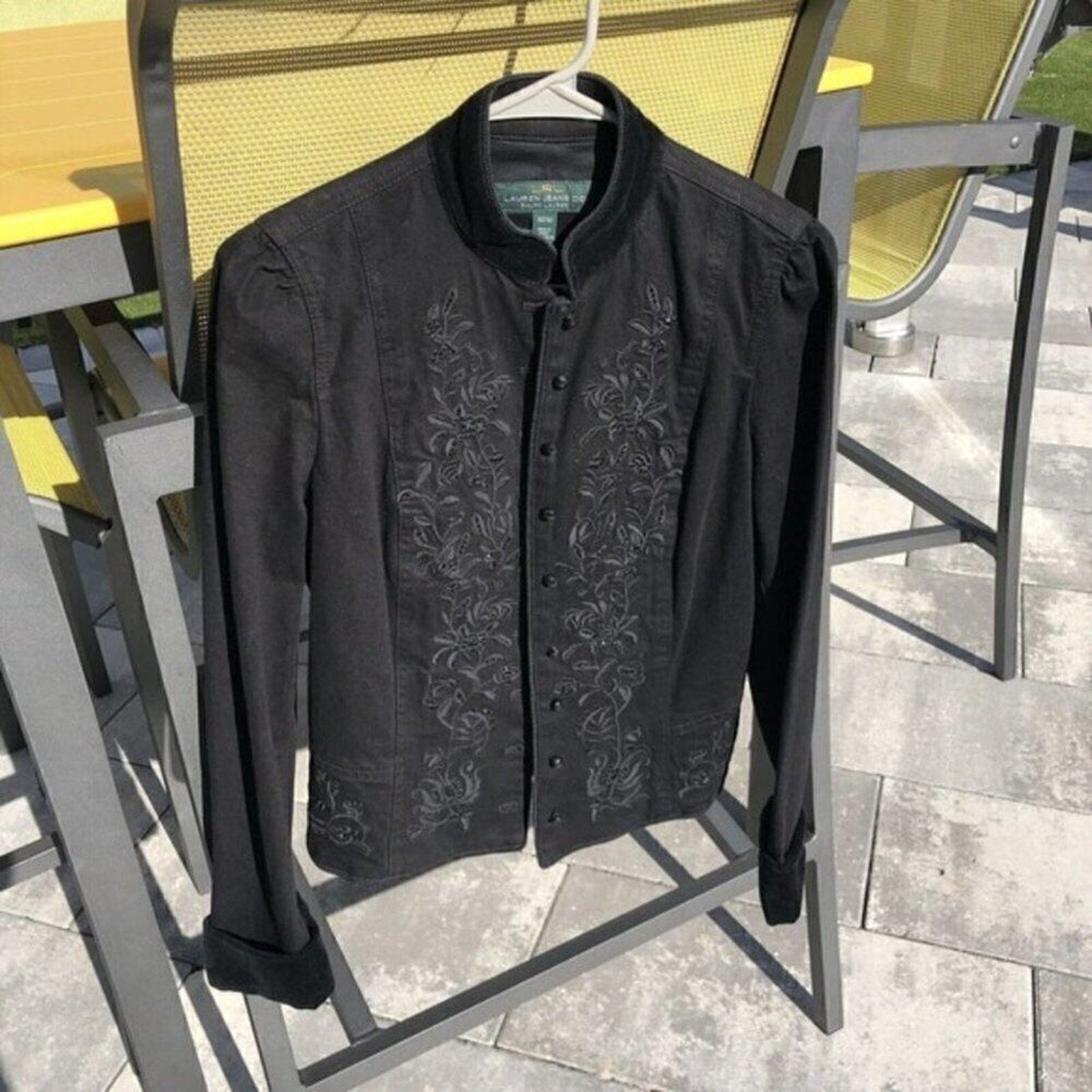 Lauren by Ralph Lauren Black Denim & Velvet Cuff Jacket, Button front Sz: M #BH