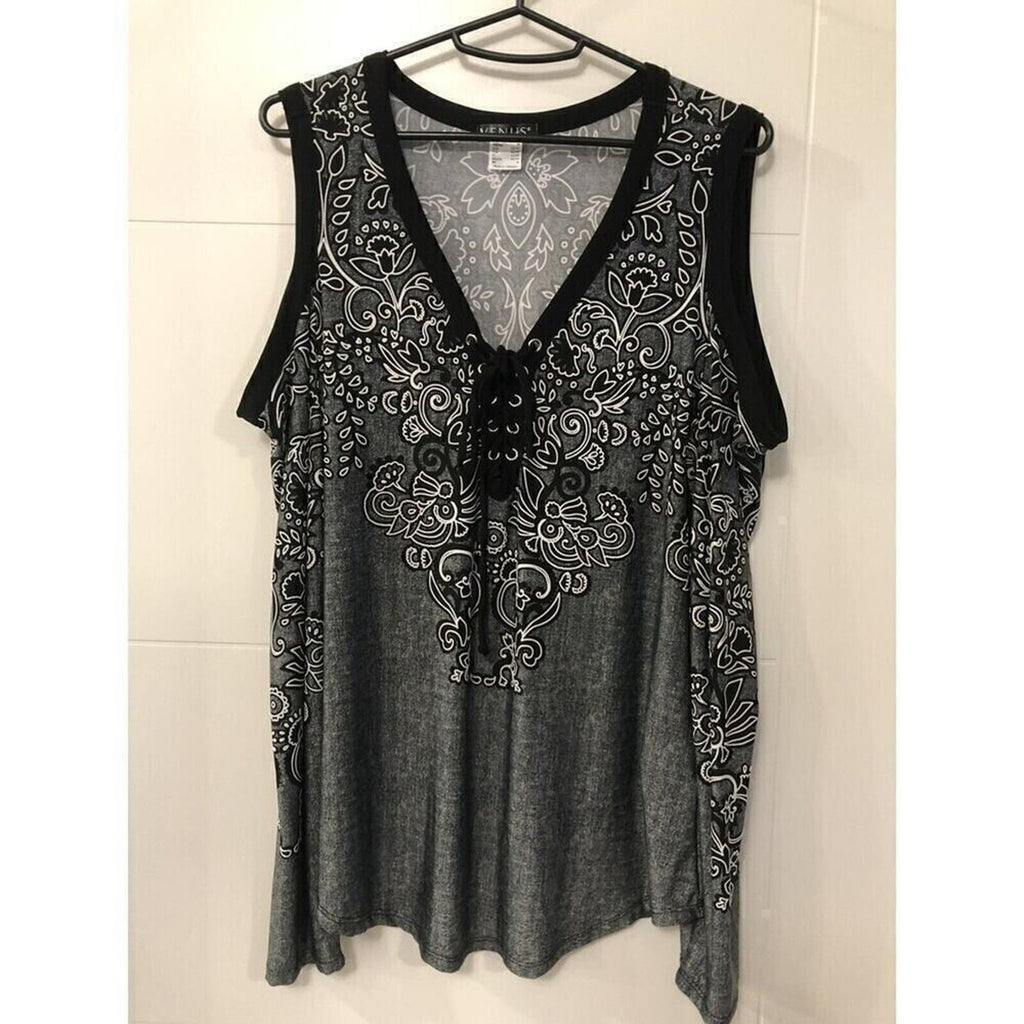 VENUS Gray Long Sleeve Top/Blouse Black Trim Draw String Front Closure Sz.(M)