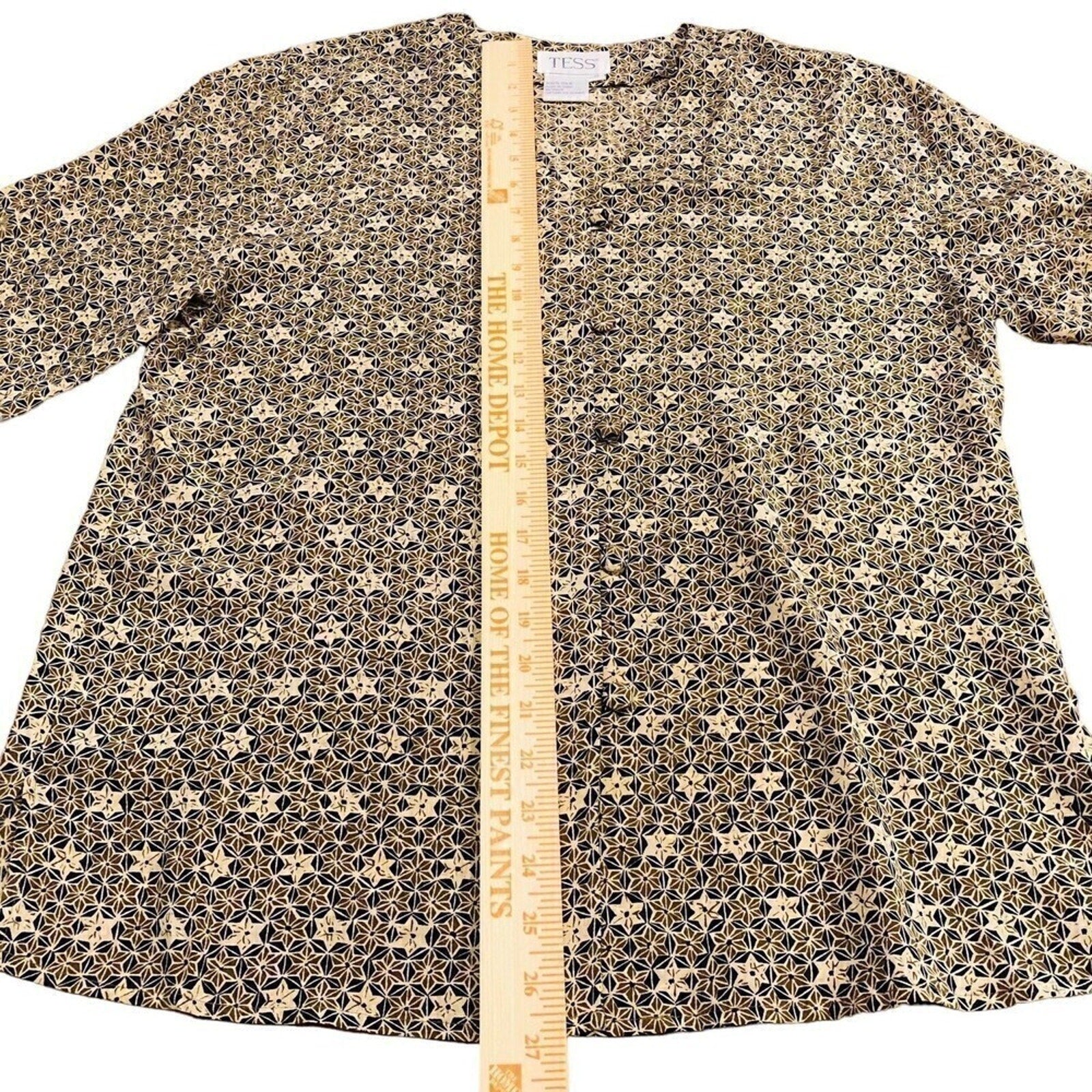 TESS Women's Vtg 100% Silk Black Brown Geo Print Button Blouse Size ( 10 )